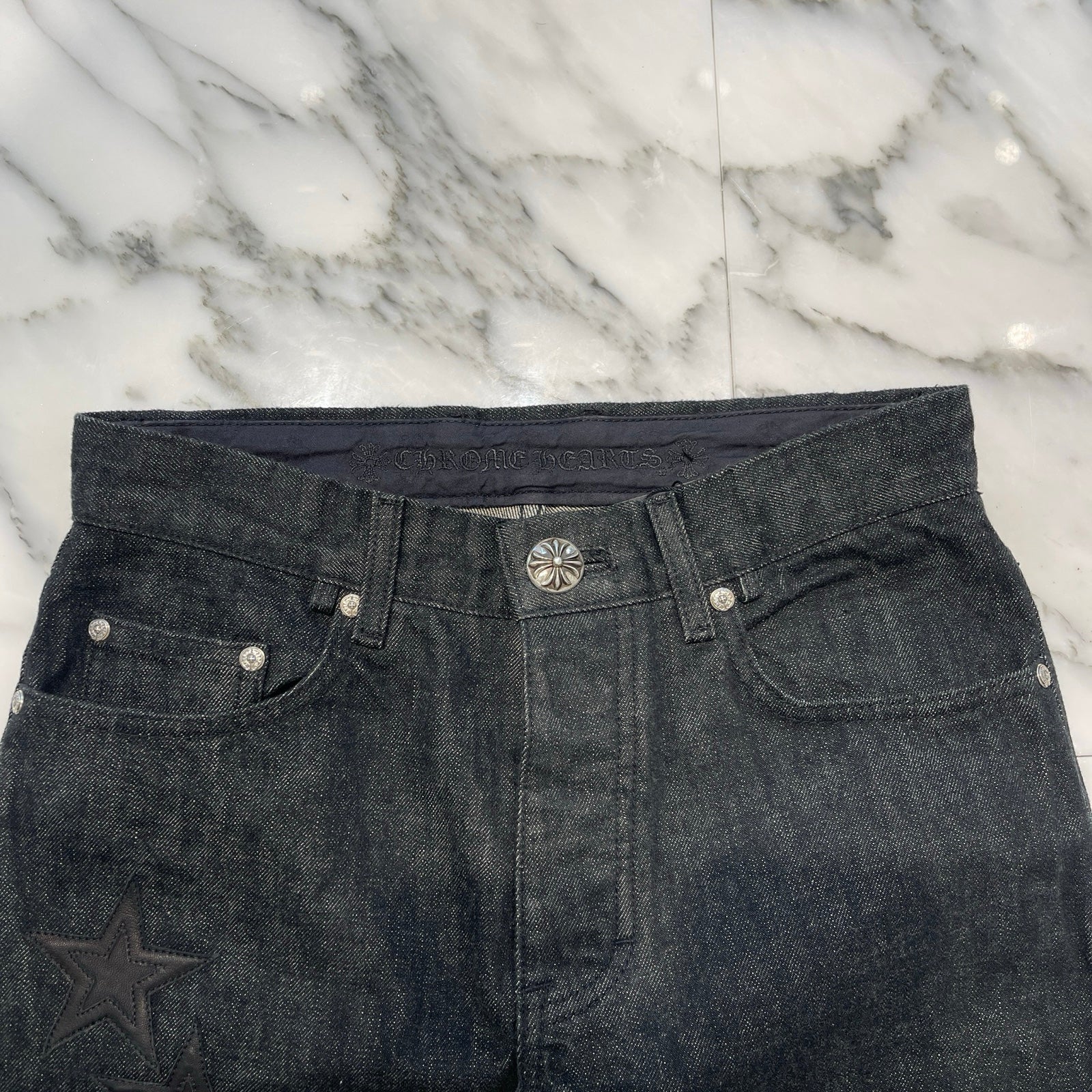 CHROME HEARTS Flare Knee Star Leather Patch Denim Pants Size 28 クロムハーツ フレアニー スターレザーパッチ デニムパンツ サイズ28