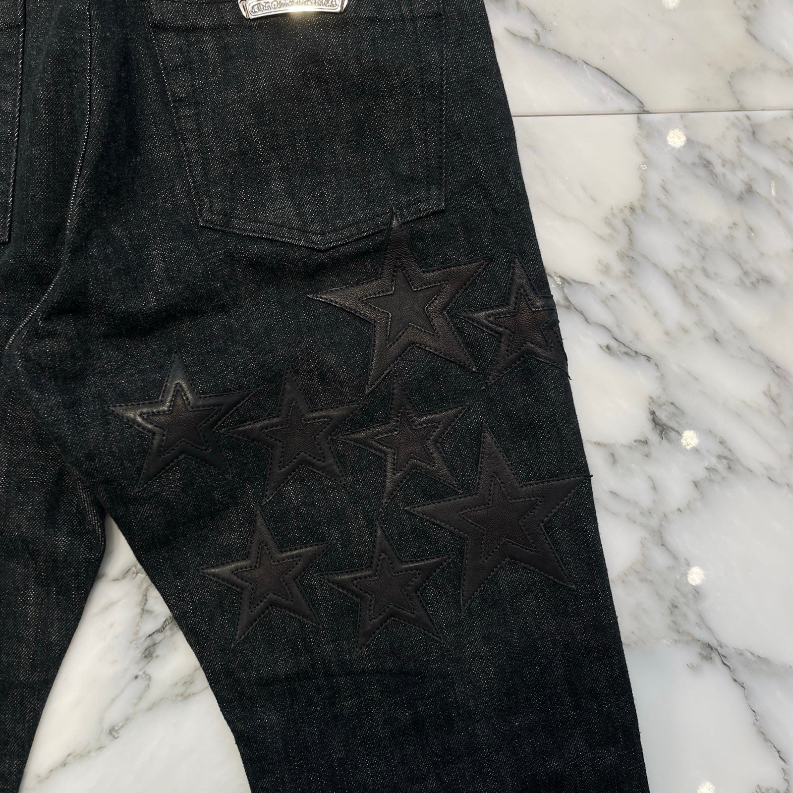 CHROME HEARTS Flare Knee Star Leather Patch Denim Pants Size