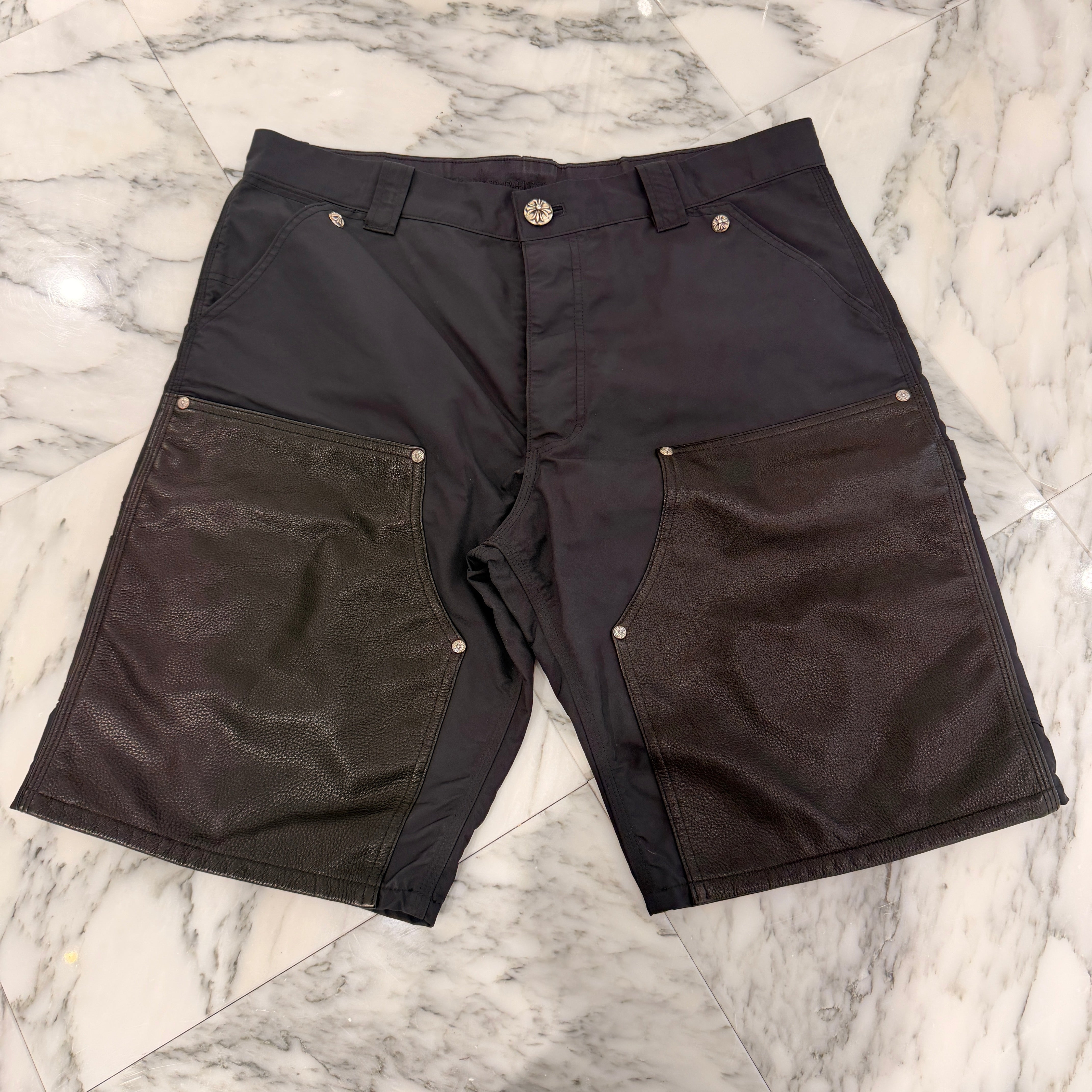 CHROME HEARTS Carpenter Double Knee Leather Cross Patch Nylon Shorts Size 36 クロムハーツ カーペンター ダブルニー レザークロスパッチ ナイロン ショーツ サイズ36