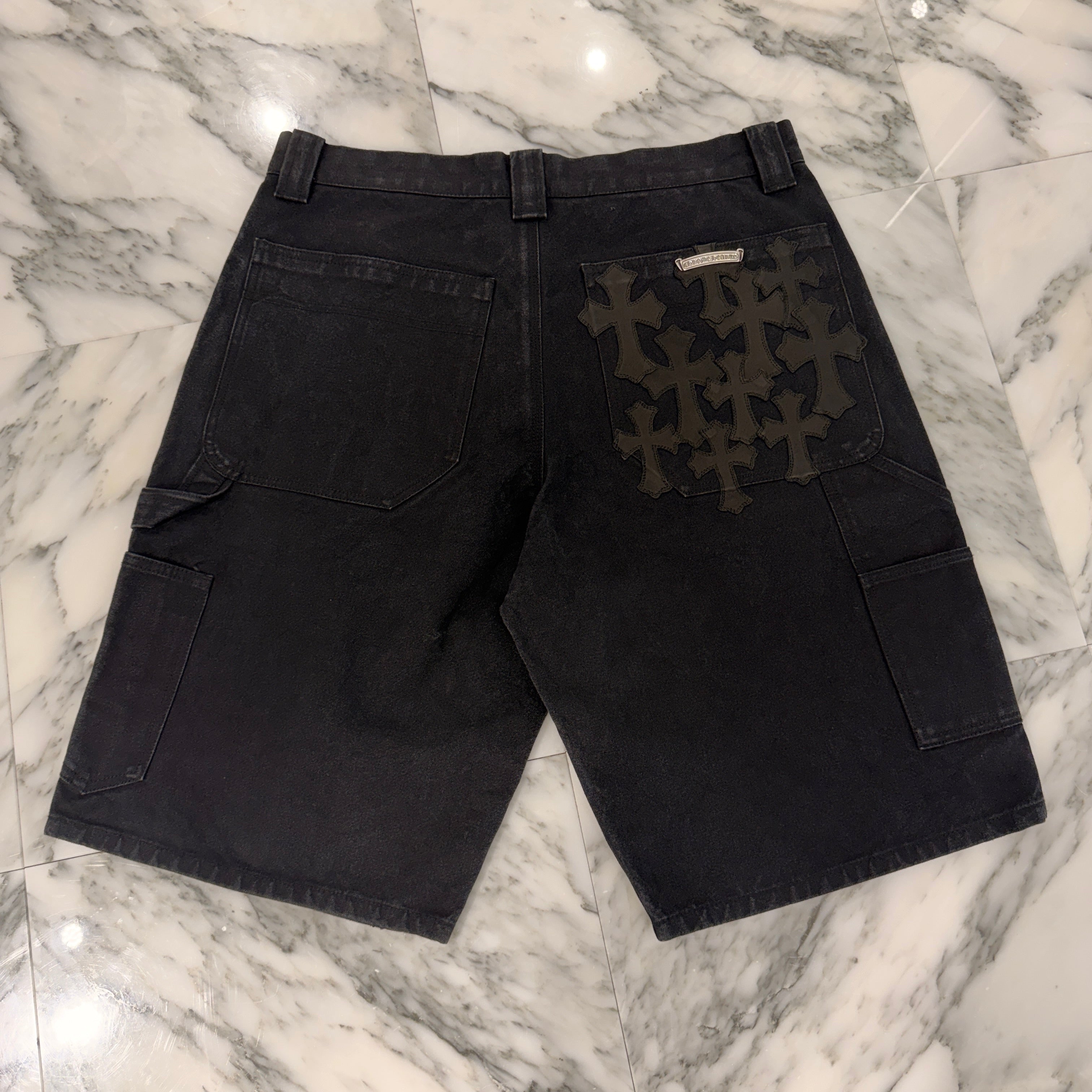 CHROME HEARTS Carpenter Cemetery Cross Patch Denim Shorts Size 34