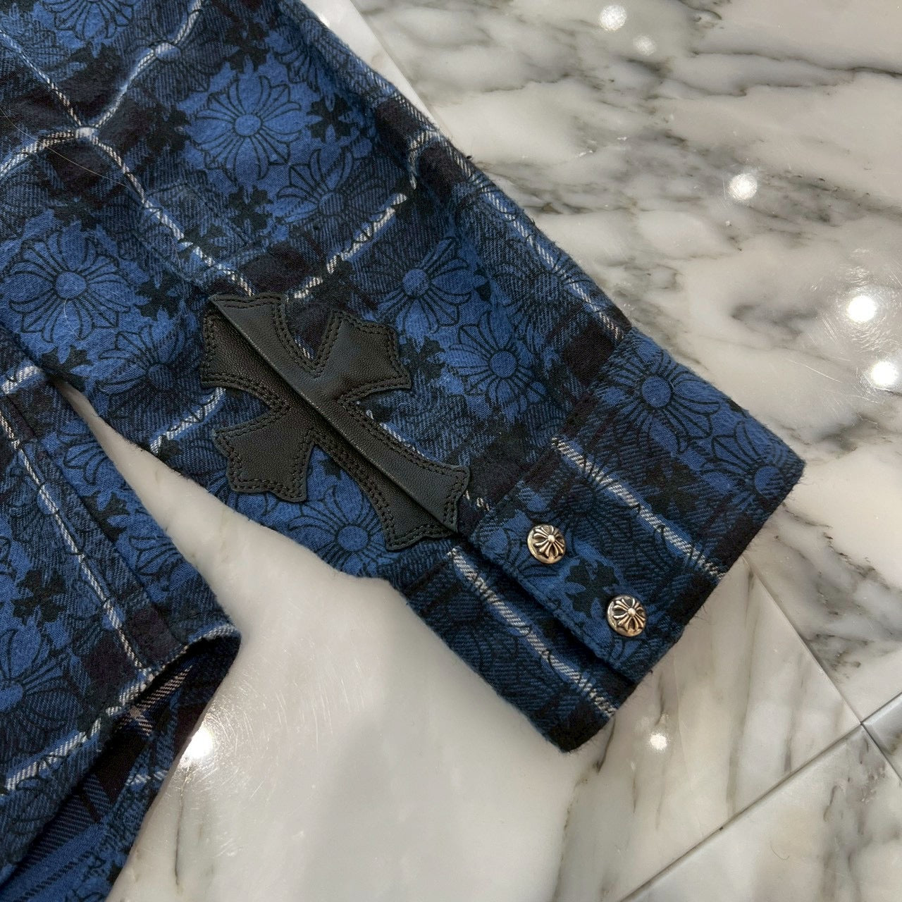 CHROME HEARTS Loose Ends Cross Leather Patch Check Shirt Size M クロムハーツ ルーズエンド クロスレザーパッチ チェック シャツ サイズM