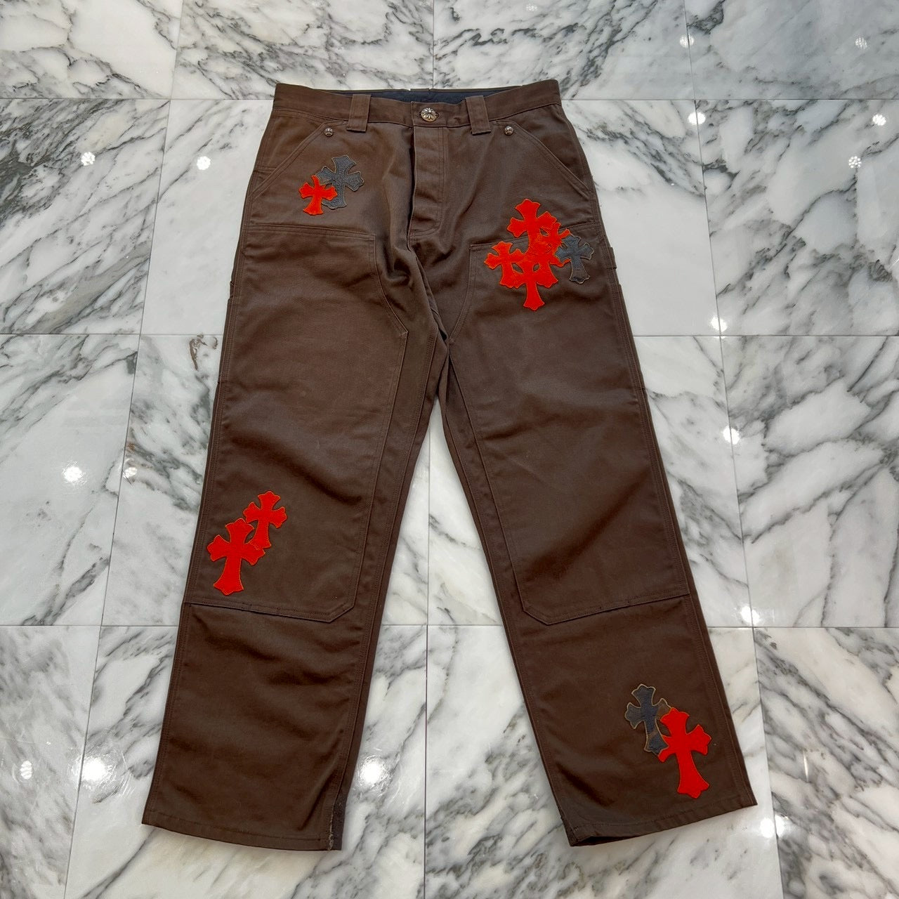 CHROME HEARTS Multi Leather Patch Carpenter Cross Ball Button Denim Pants Size 33 クロムハーツ マルチレザーパッチ カーペンター クロスボールボタン デニムパンツ サイズ33