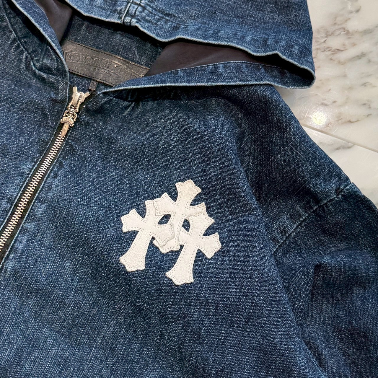 CHROME HEARTS 2024AW Leather Cemetery Triple Cross Denim Anorak Jacket Size M クロムハーツ レザーセメタリートリプルクロス デニム アノラック ジャケット サイズM