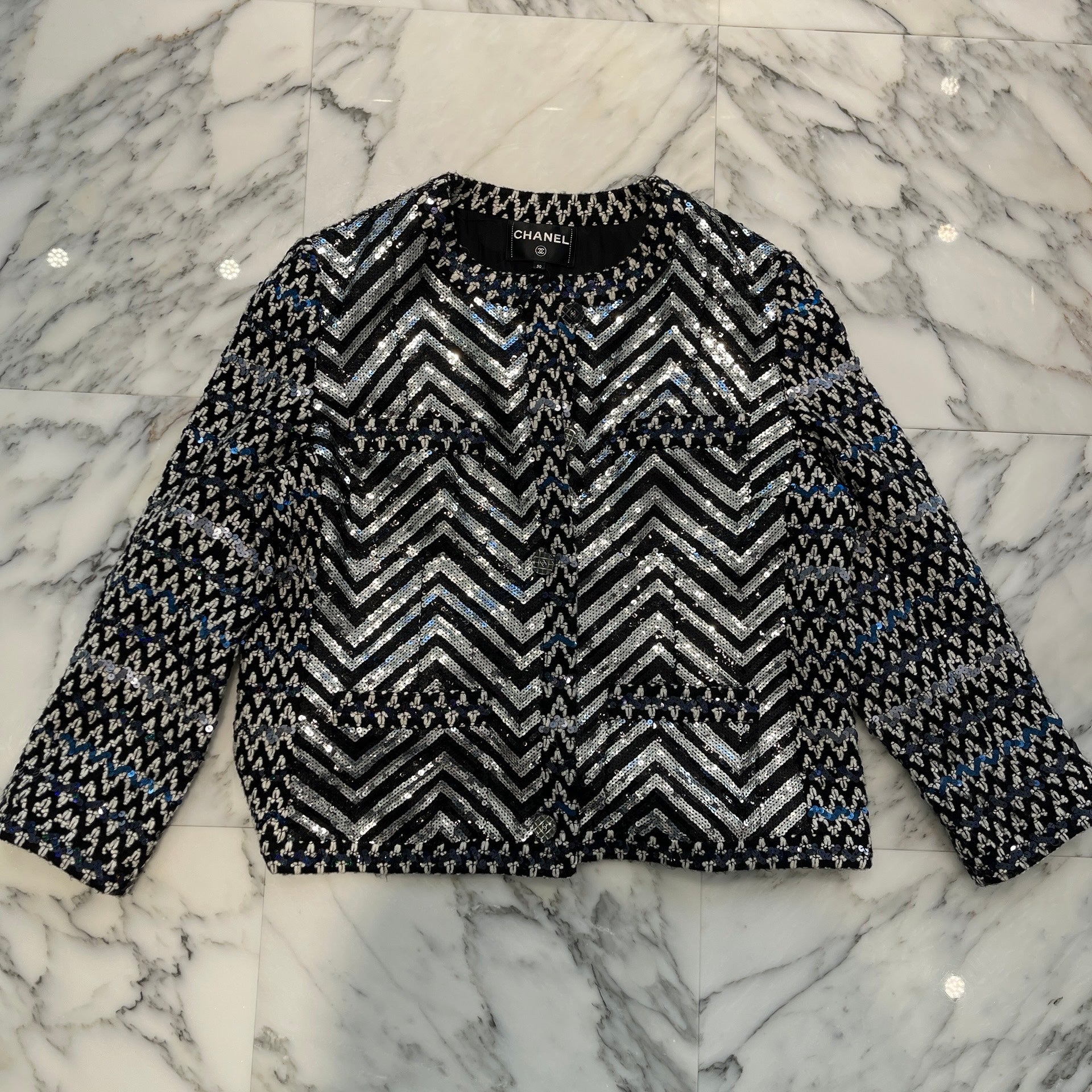 CHANEL 2022AW New Wave Stripe Sequin Acrylic Wool Jacket P71742V63229 Size 50 シャネル ニューウェーブ ストライプ スパンコール アクリルウール ジャケット サイズ 50