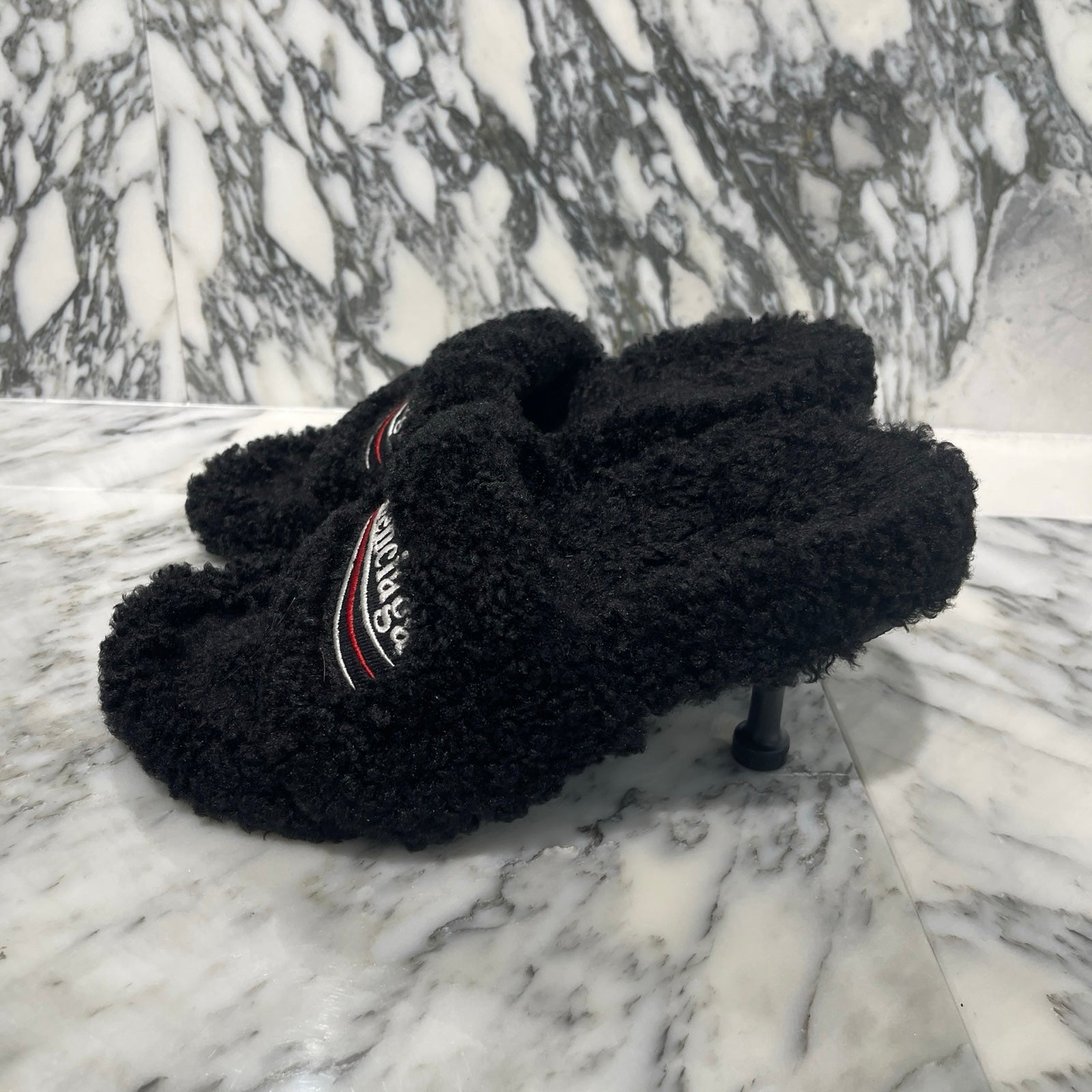 BALENCIAGA 2021SS Campaign Logo Embroidery Boa Fabric Pumps Size 38 バレンシアガ キャンペーンロゴ刺繍 ボア素材 パンプス サイズ38