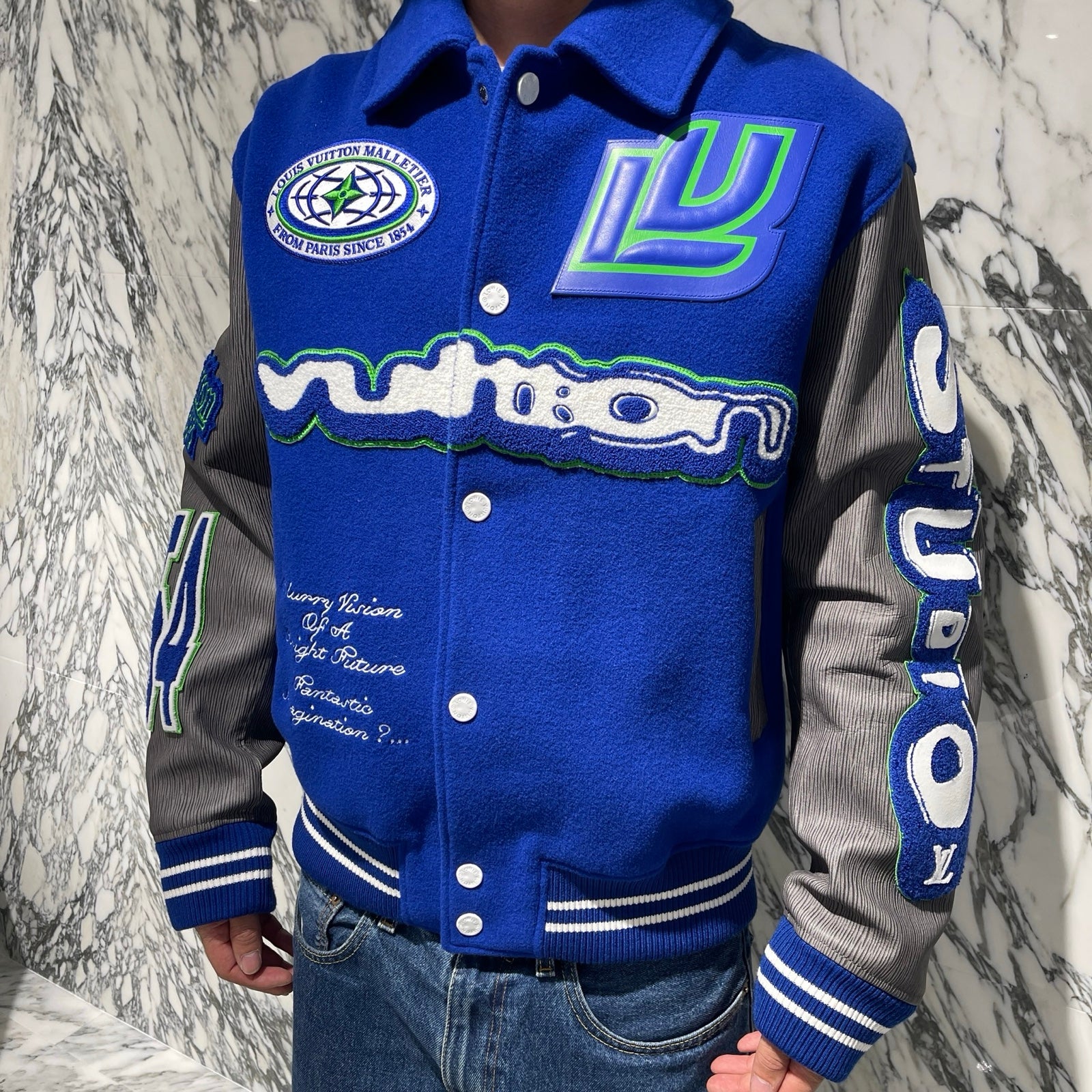 LOUIS VUITTON  2023AW Embroidered Varsity Leather Jacket 1ABZM9 Size 48