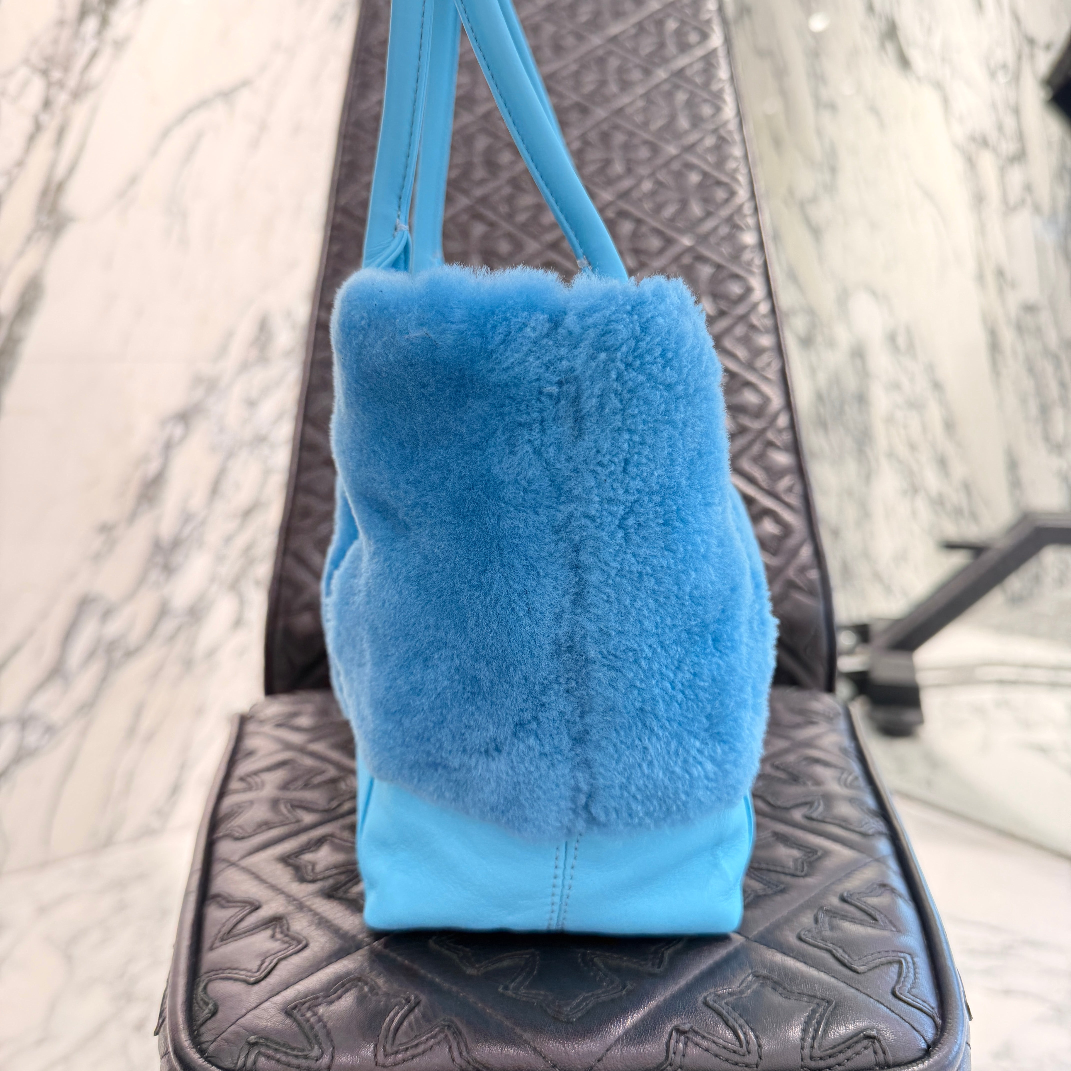 CHROME HEARTS Blue 3 Cemetery Cross Patch Fur Leather Tote Mini Bag クロムハーツ ブルー3セメタリークロスパッチ ファーレザートートミニバッグ