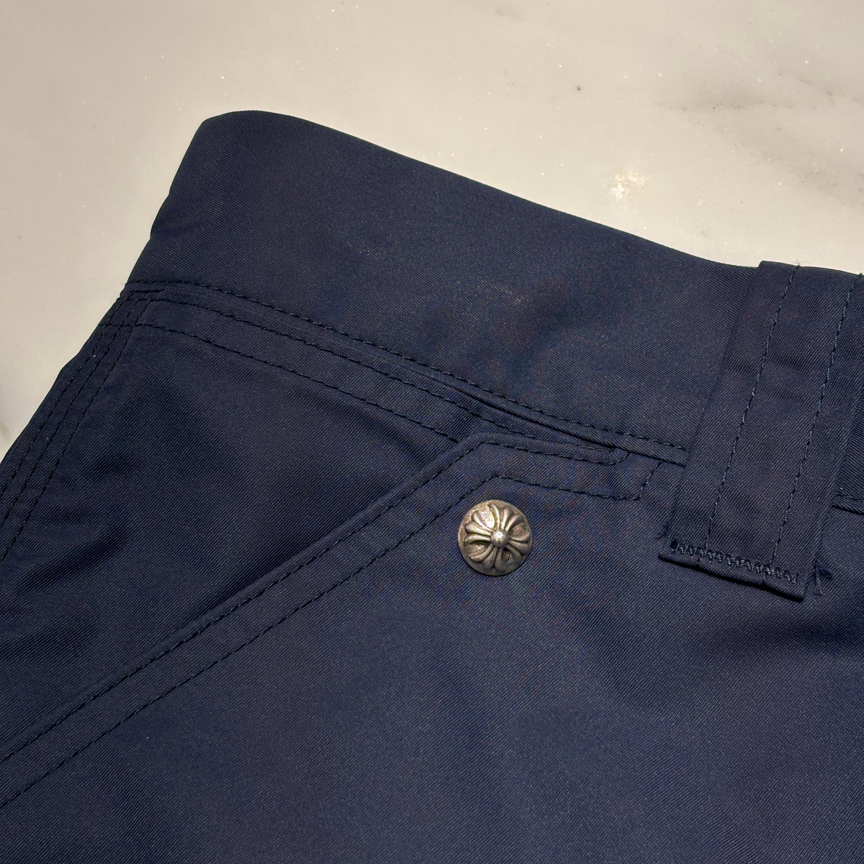 CHROME HEARTS Carpenter Leather Double Knee Leather Cross Patch Nylon Half Pants Size 32 クロムハ―ツ カーペンター レザーダブルニー レザークロスパッチ  ナイロンハーフパンツ サイズ32