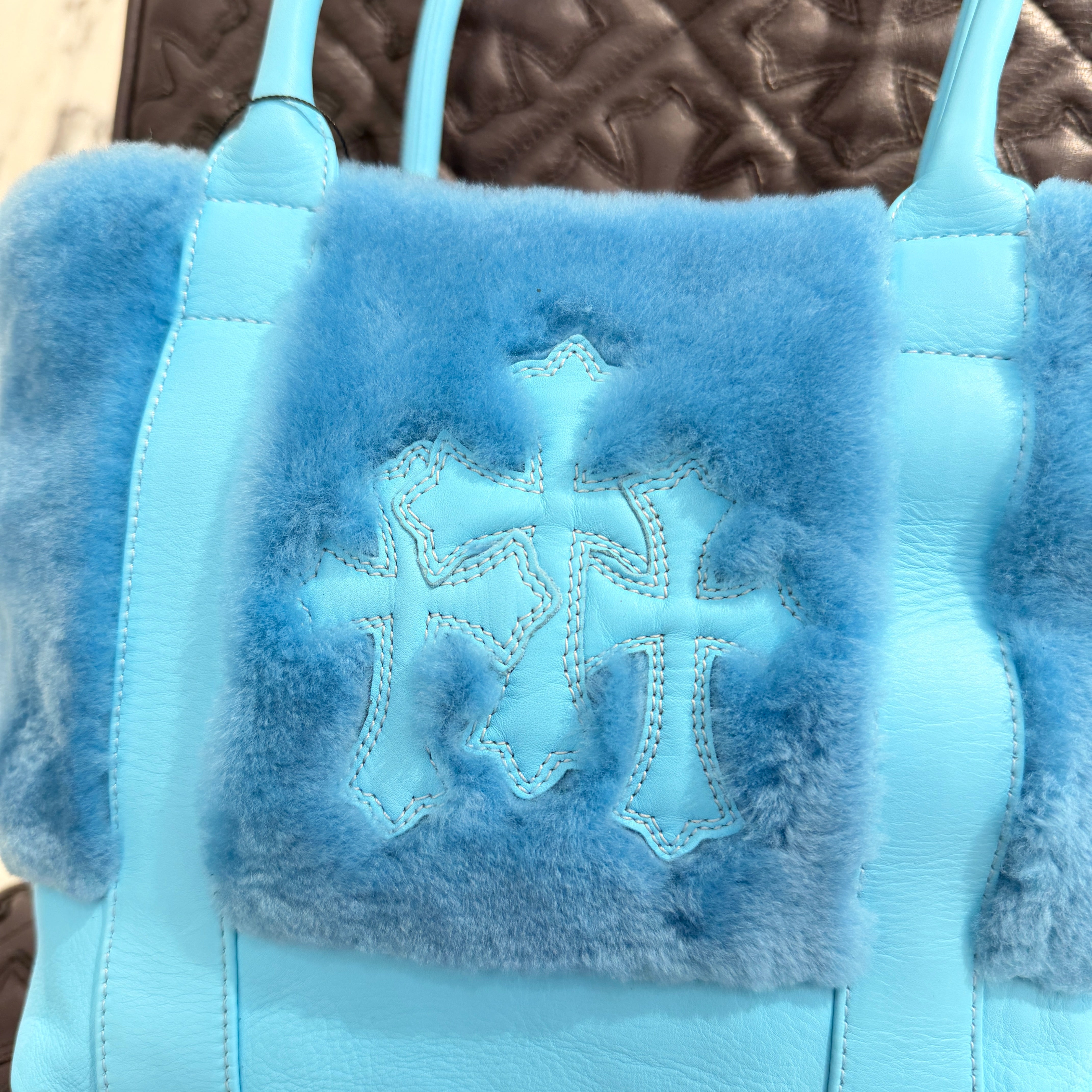 CHROME HEARTS Blue 3 Cemetery Cross Patch Fur Leather Tote Mini Bag クロムハーツ ブルー3セメタリークロスパッチ ファーレザートートミニバッグ