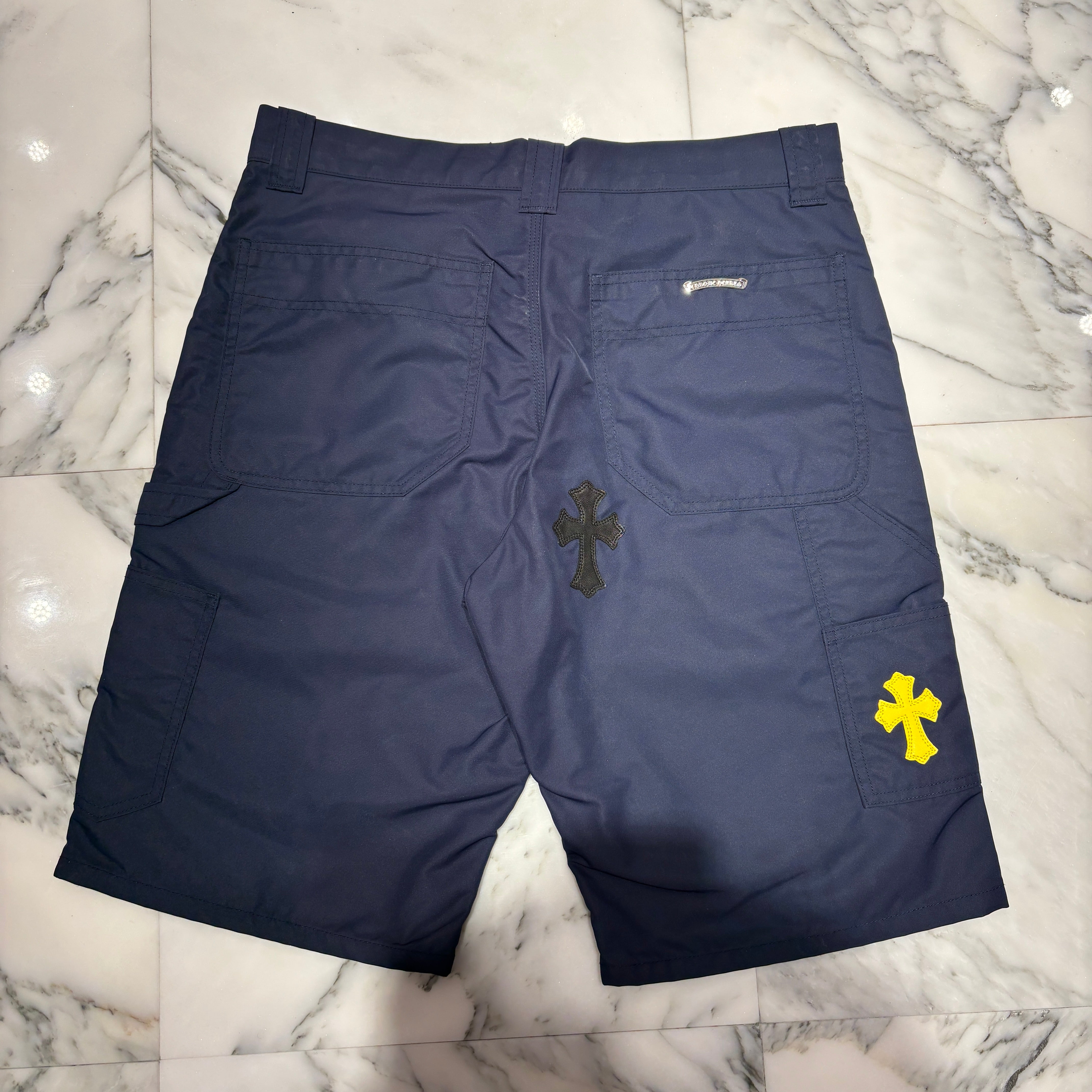 CHROME HEARTS Carpenter Leather Double Knee Leather Cross Patch Nylon Half Pants Size 32 クロムハ―ツ カーペンター レザーダブルニー レザークロスパッチ  ナイロンハーフパンツ サイズ32