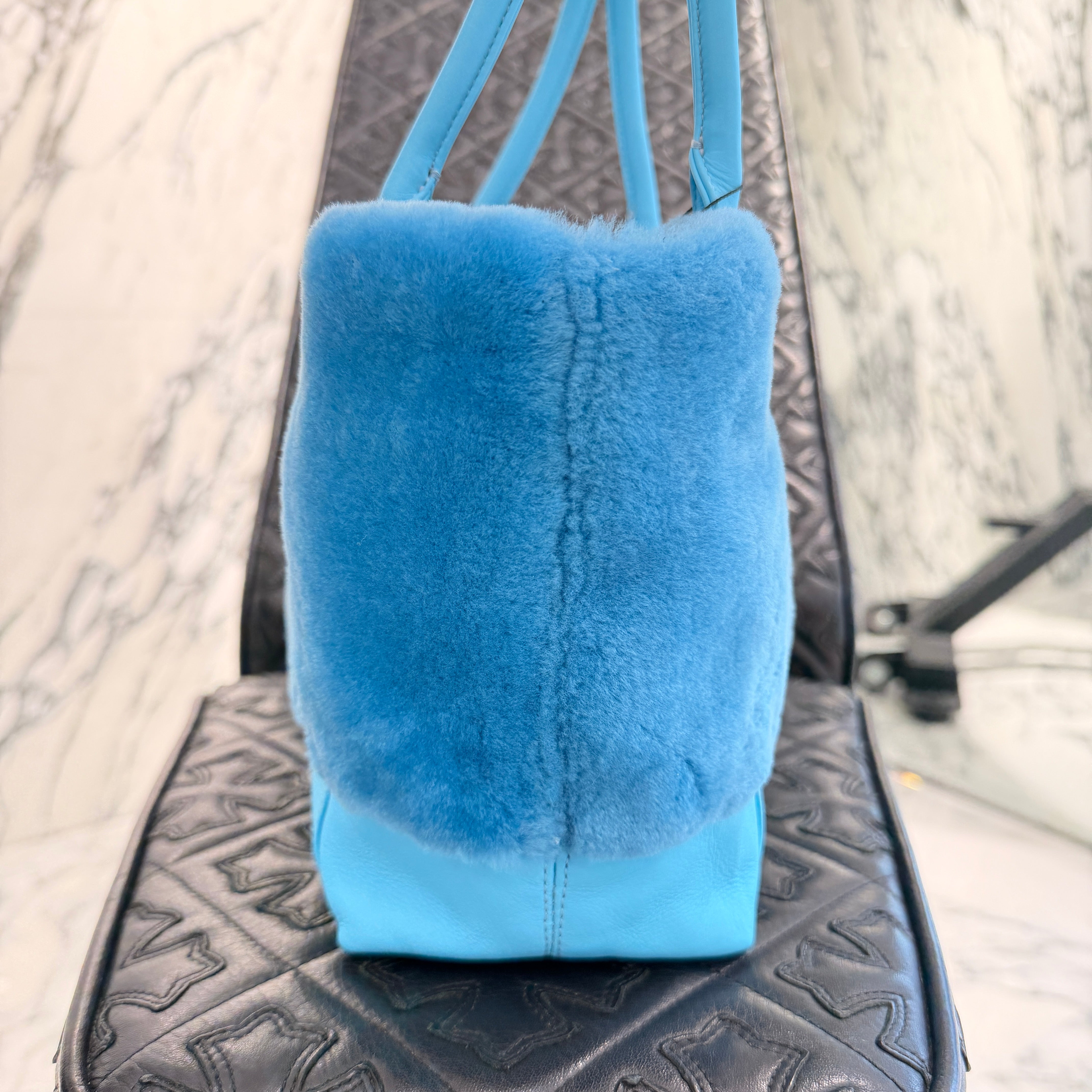 CHROME HEARTS Blue 3 Cemetery Cross Patch Fur Leather Tote Mini Bag クロムハーツ ブルー3セメタリークロスパッチ ファーレザートートミニバッグ