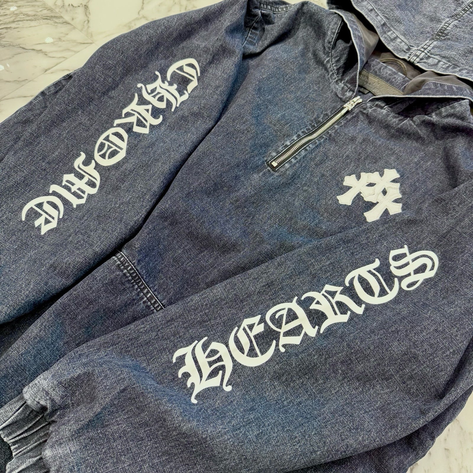 CHROME HEARTS 2024AW Leather Cemetery Triple Cross Denim Anorak Jacket Size S クロムハーツ レザーセメタリートリプルクロスパッチデニムアノラックジャケット サイズS