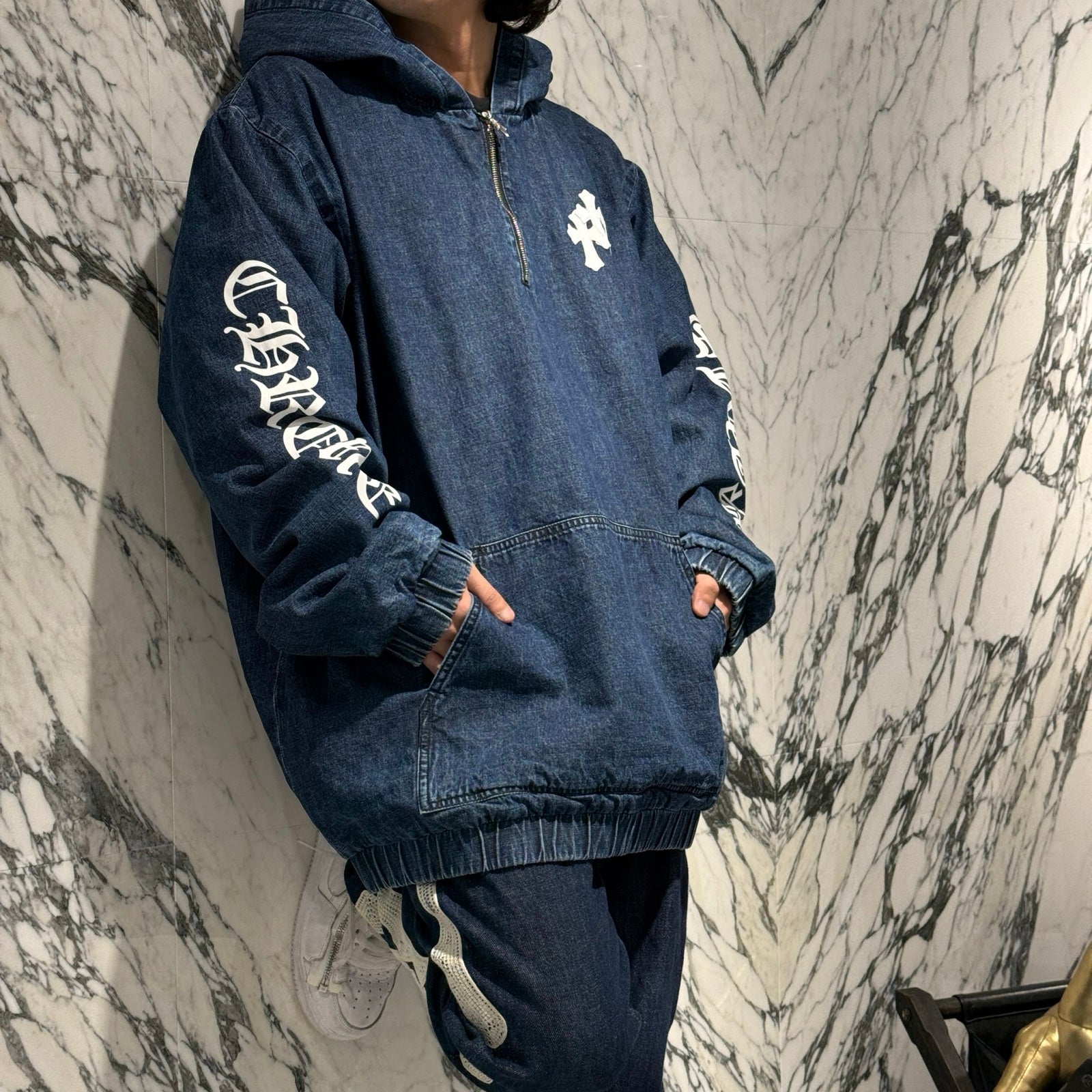 CHROME HEARTS 2024AW Leather Cemetery Triple Cross Denim Anorak Jacket Size S クロムハーツ レザーセメタリートリプルクロスパッチデニムアノラックジャケット サイズS