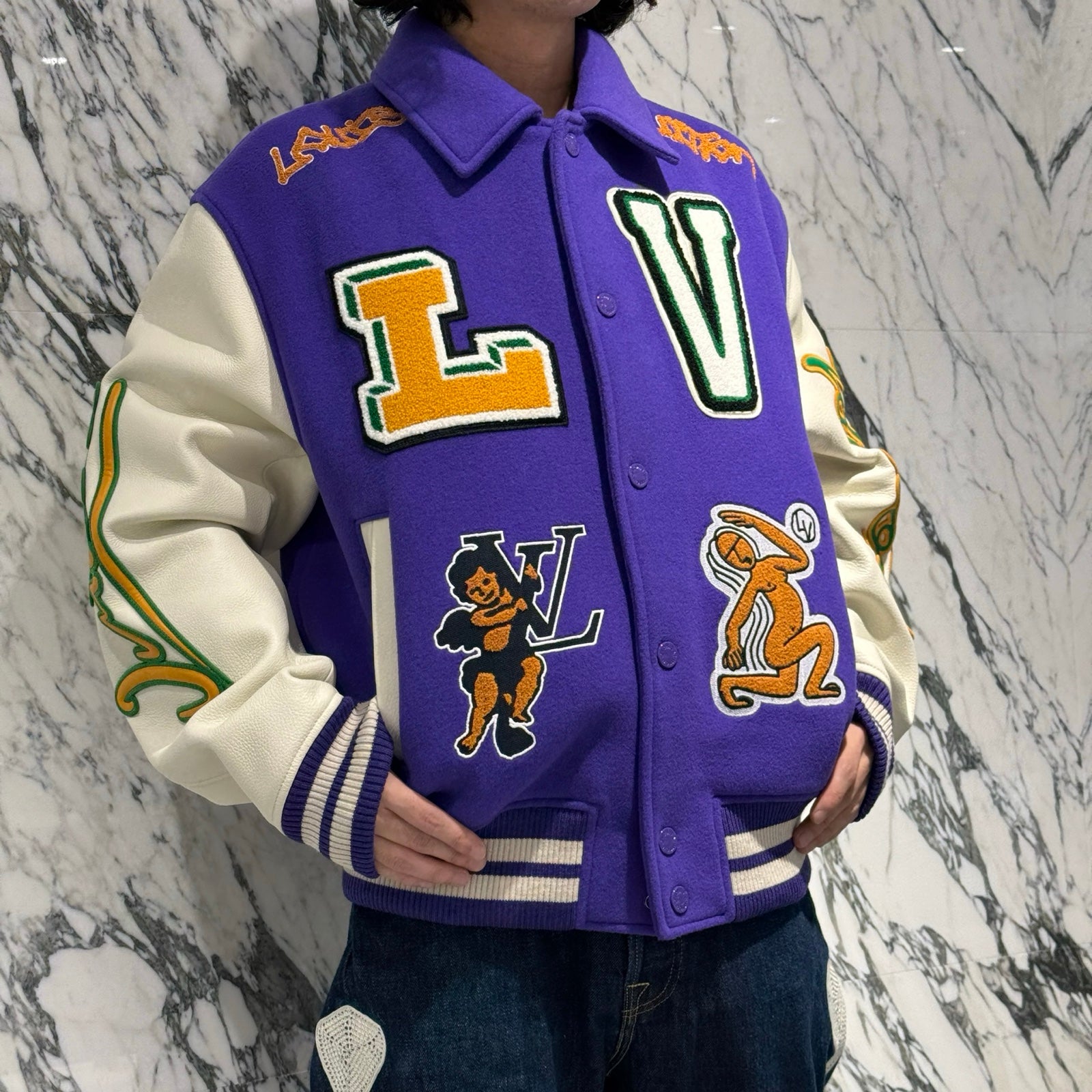 LOUIS VUITTON 2022AW Multi-Patches Mixed Leather Varsity Blouson 1AAGHZ Size 52 ルイヴィトン マルチパッチ ミックス レザー ヴァーシティー ブルゾン サイズ52