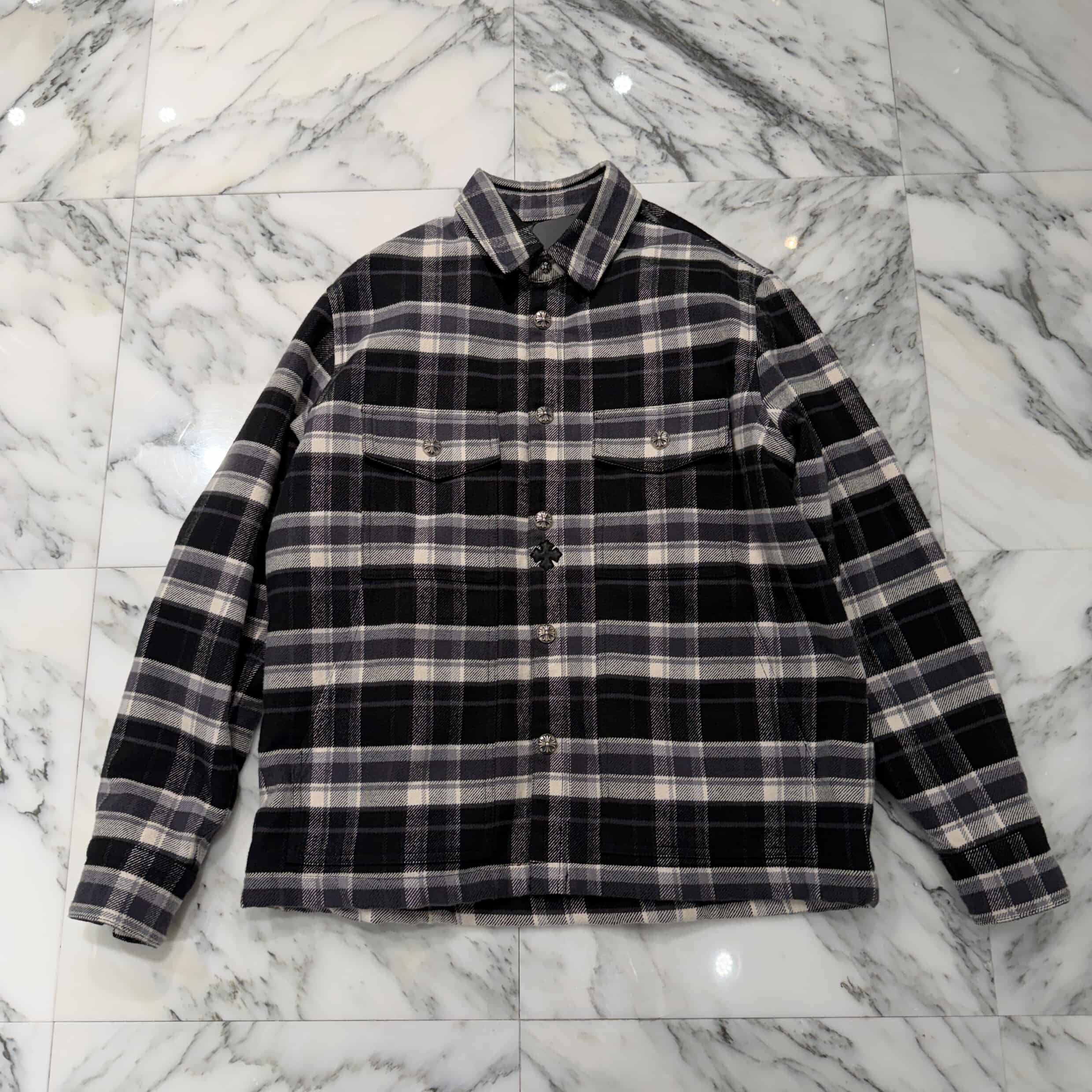 CHROME HEARTS Y NOT Lucky Patch Cross Ball Button Check Shirt Jacket Size S クロムハーツ ワイノット ラッキー パッチ クロスボールボタン チェック シャツ ジャケット サイズS