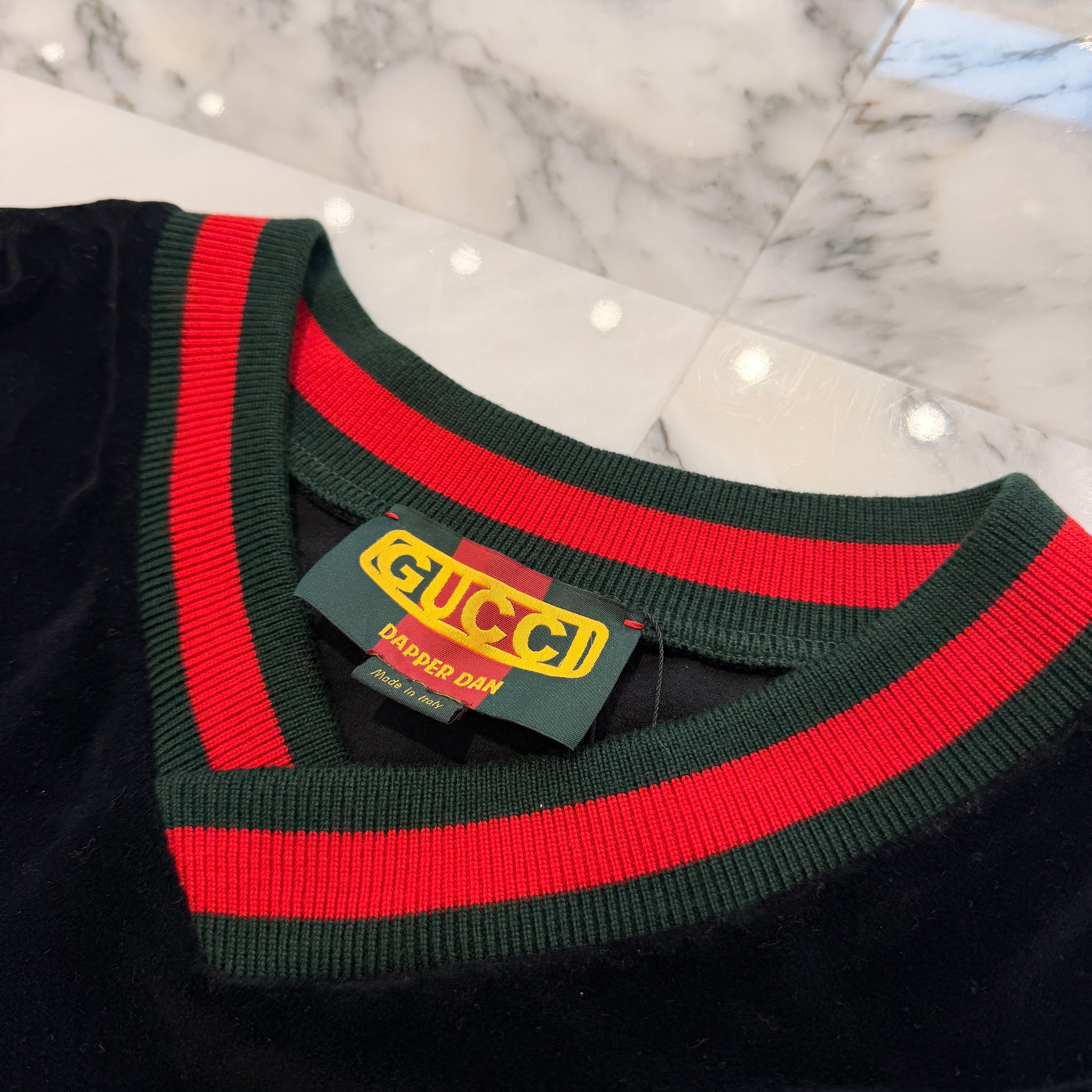 GUCCI × Dapper Dan 2018AW GG Patch Dragon Embroidery Velvet Sweatshirt 535765 X9Y88 Size M グッチ×ダッパー・ダン GGパッチ ドラゴン刺繍 ベロアスウェットシャツ サイズM