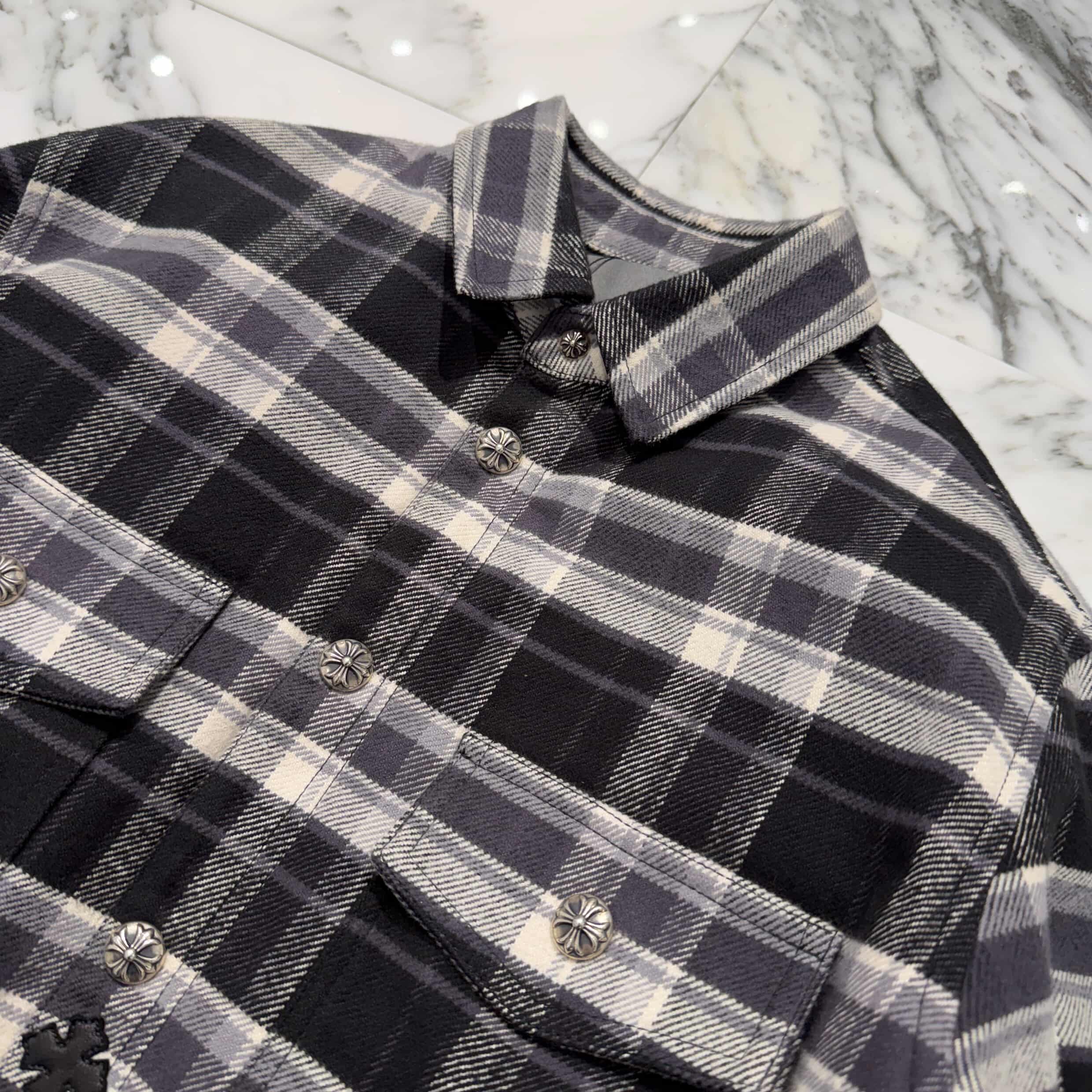 CHROME HEARTS Y NOT Lucky Patch Cross Ball Button Check Shirt Jacket Size S クロムハーツ ワイノット ラッキー パッチ クロスボールボタン チェック シャツ ジャケット サイズS
