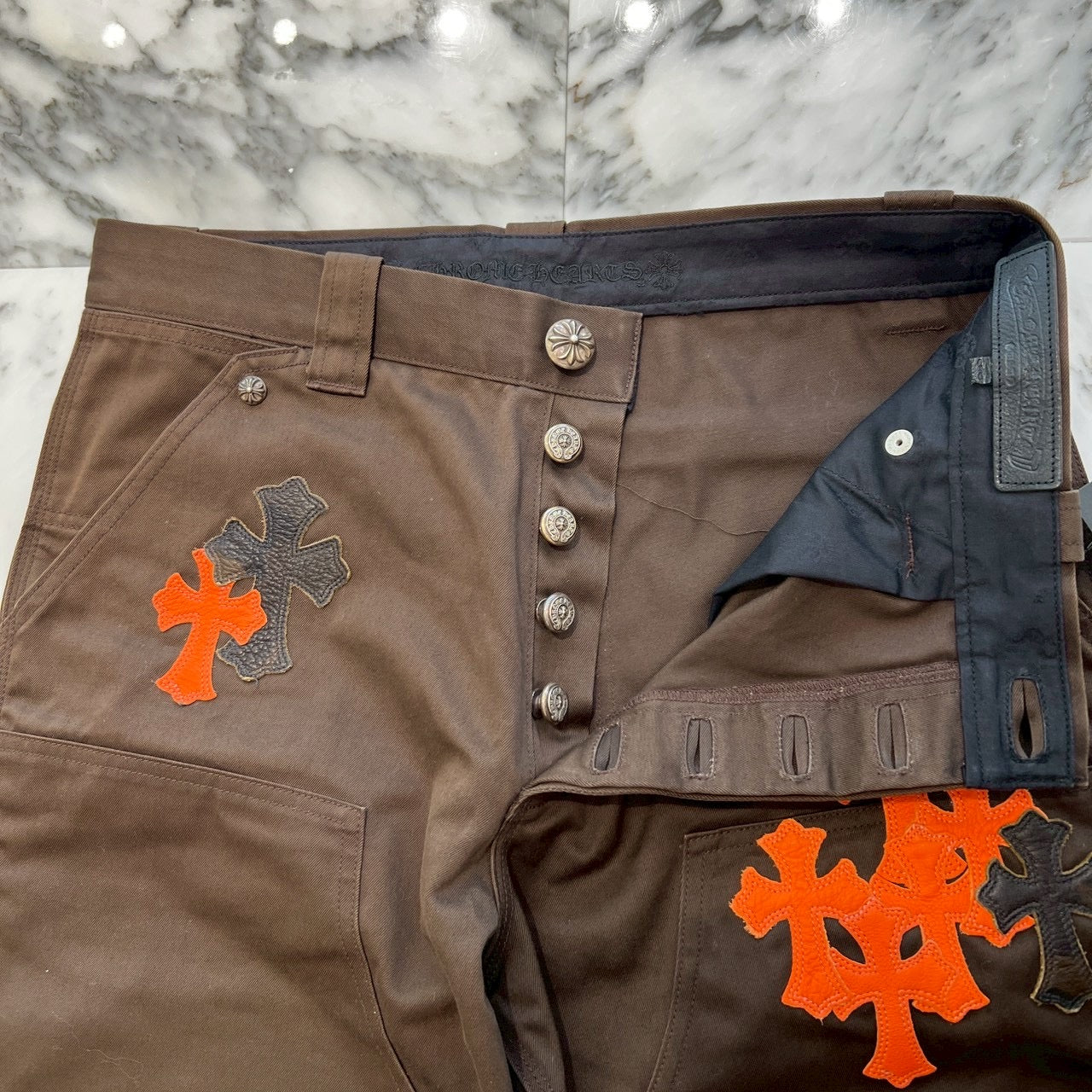 CHROME HEARTS Multi Leather Patch Carpenter Cross Ball Button Denim Pants Size 33 クロムハーツ マルチレザーパッチ カーペンター クロスボールボタン デニムパンツ サイズ33