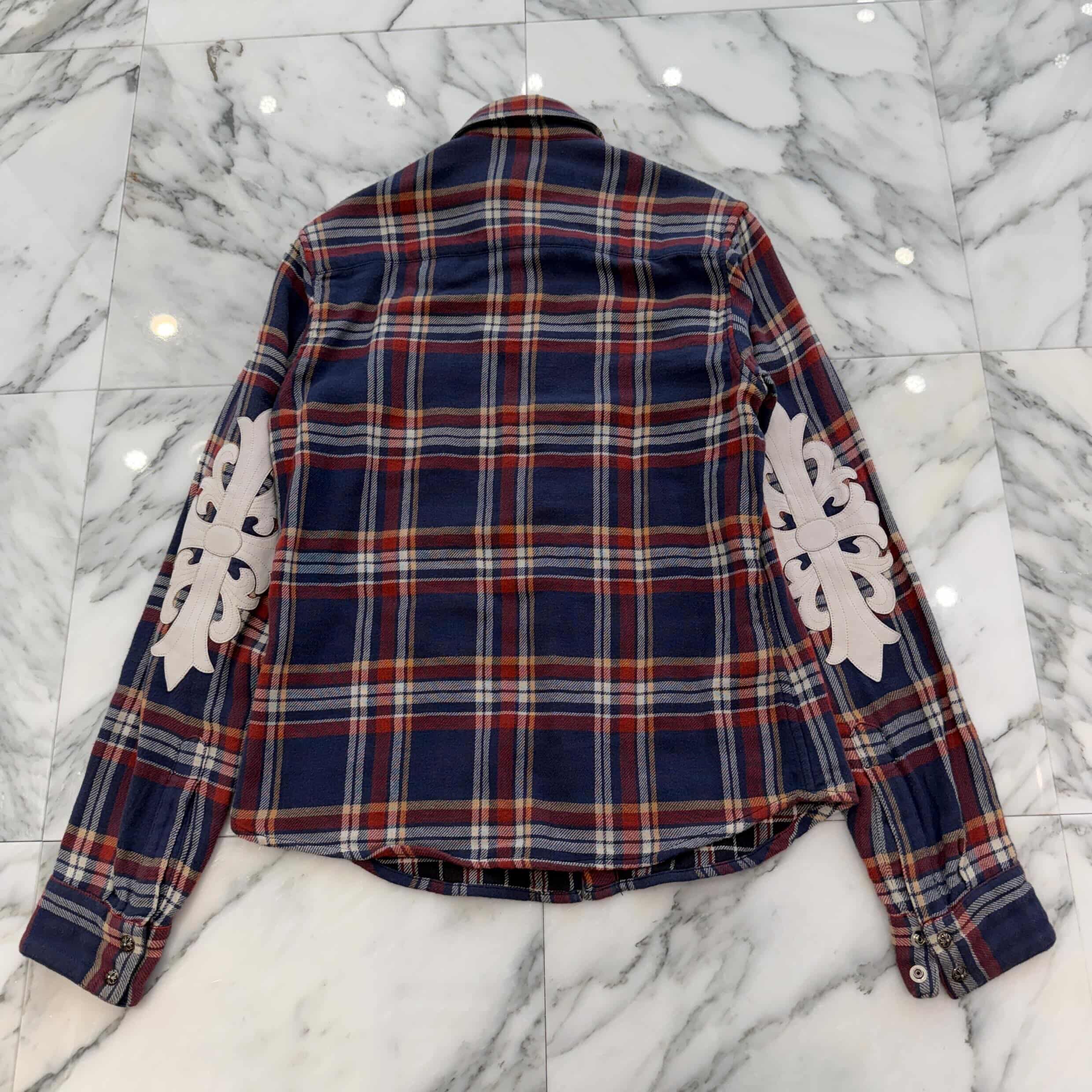 CHROME HEARTS Y NOT Floral Cross Leather Patch Loose Ends Check Shirt Size S クロムハーツ ワイノット フローラルクロスレザーパッチルーズエンド チェックシャツ サイズS