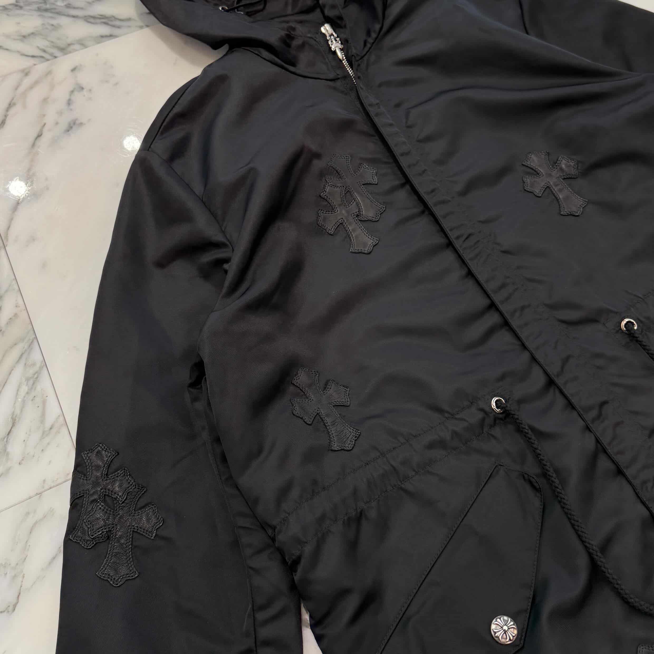 CHROME HEARTS Y NOT PUDDLES Cemetery Cross Leather Patch Zip Up Nylon Hooded Coat Size S クロムハーツ ワイノット パドルズ セメタリークロス レザーパッチ ジップアップ ナイロン フーデッド コート サイズS