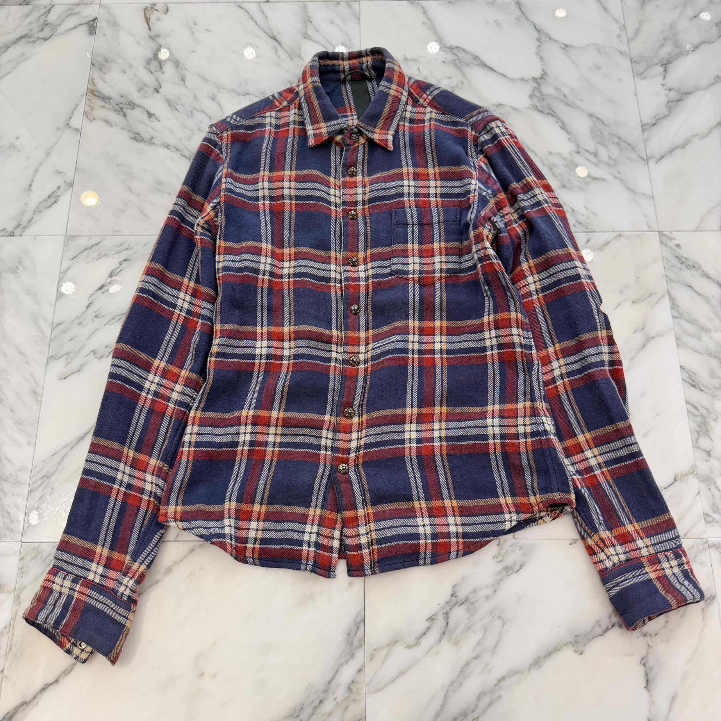 CHROME HEARTS Y NOT Floral Cross Leather Patch Loose Ends Check Shirt Size S クロムハーツ ワイノット フローラルクロスレザーパッチルーズエンド チェックシャツ サイズS