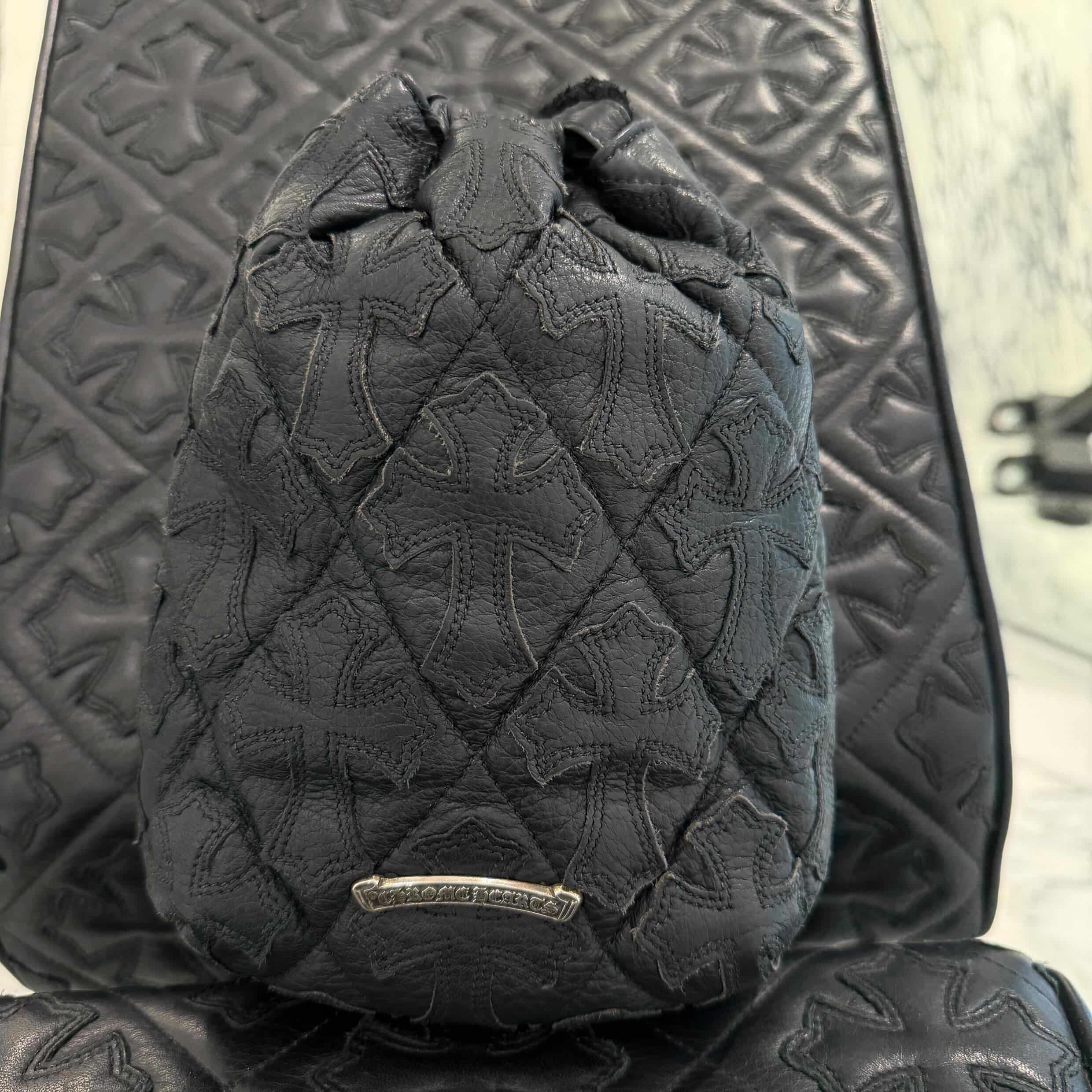CHROME HEARTS DRAWSTRING Cemetery Cross Leather Patch Sack クロムハーツ ドローストリング セメタリー クロスレザーパッチ サック 巾着