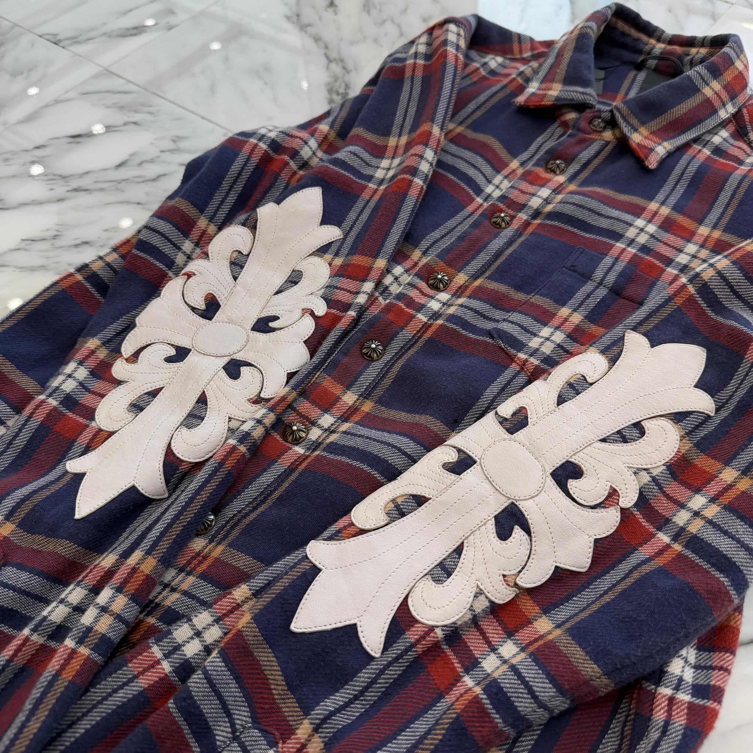 CHROME HEARTS Y NOT Floral Cross Leather Patch Loose Ends Check Shirt Size S クロムハーツ ワイノット フローラルクロスレザーパッチルーズエンド チェックシャツ サイズS