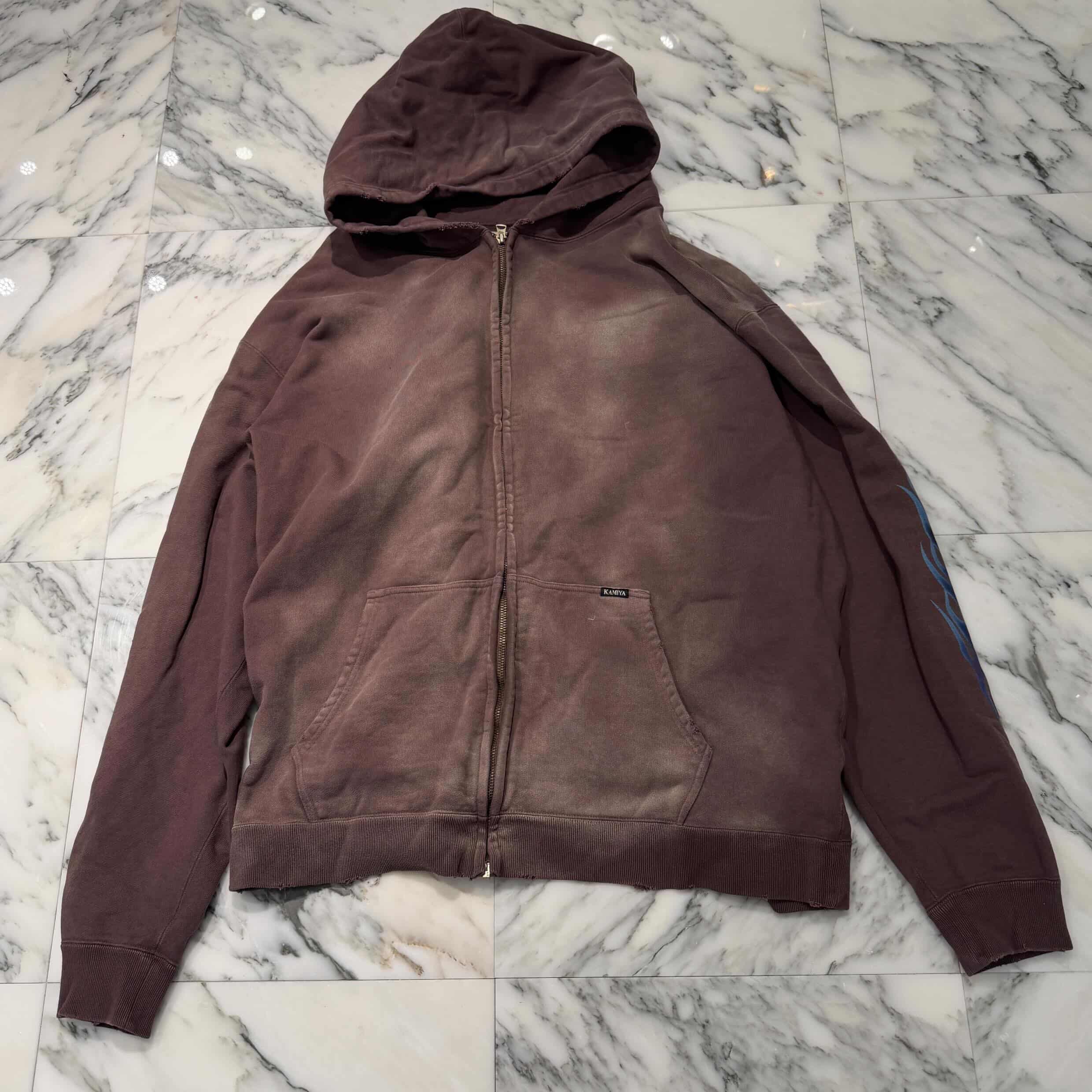 KAMIYA 2025SS "KMY FIRE" Distressed Zip Up Hoodie G14HD075 Size XL カミヤ "カミヤ ファイヤー" ダメージ加工 ジップアップ フーディ サイズXL