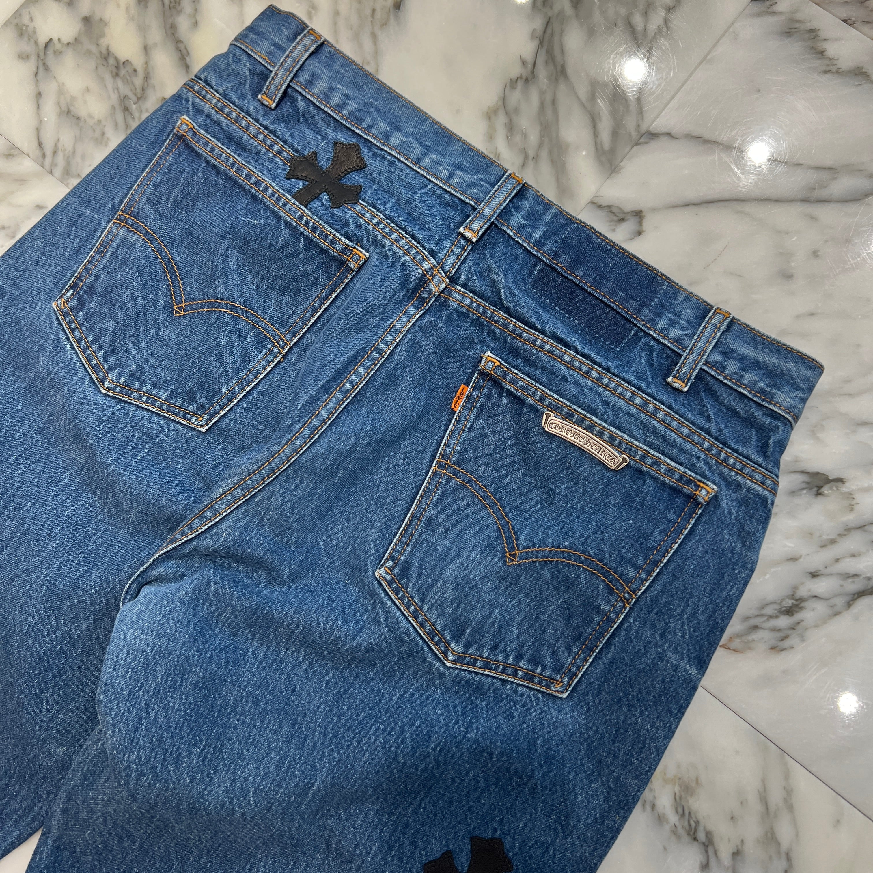 CHROME HEARTS × Levi's 505 VNTG Cemetery Leather Cross Patch Denim