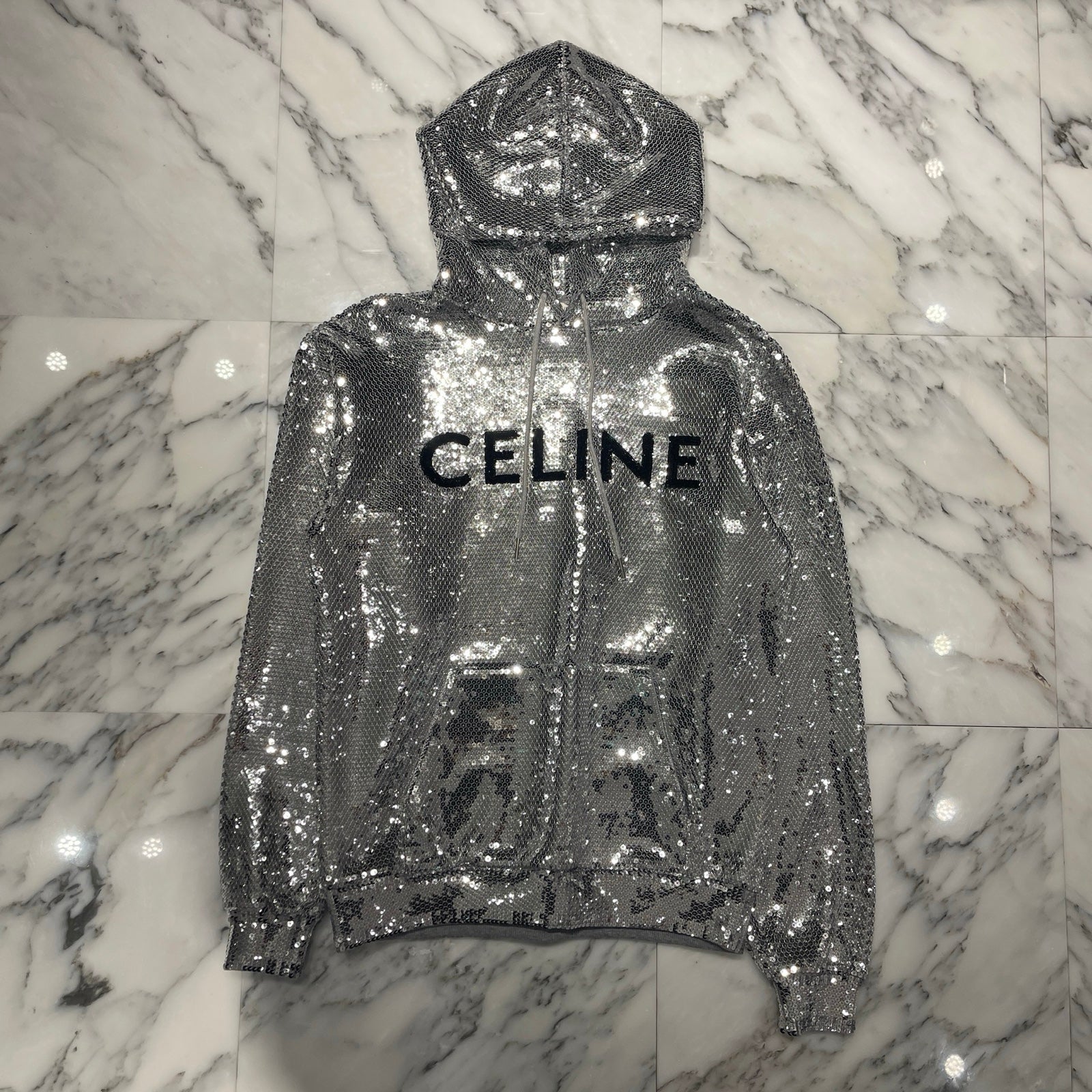 CELINE 2022SS Sequined Hooded Sweat Shirt 2Y975670Q Size XS