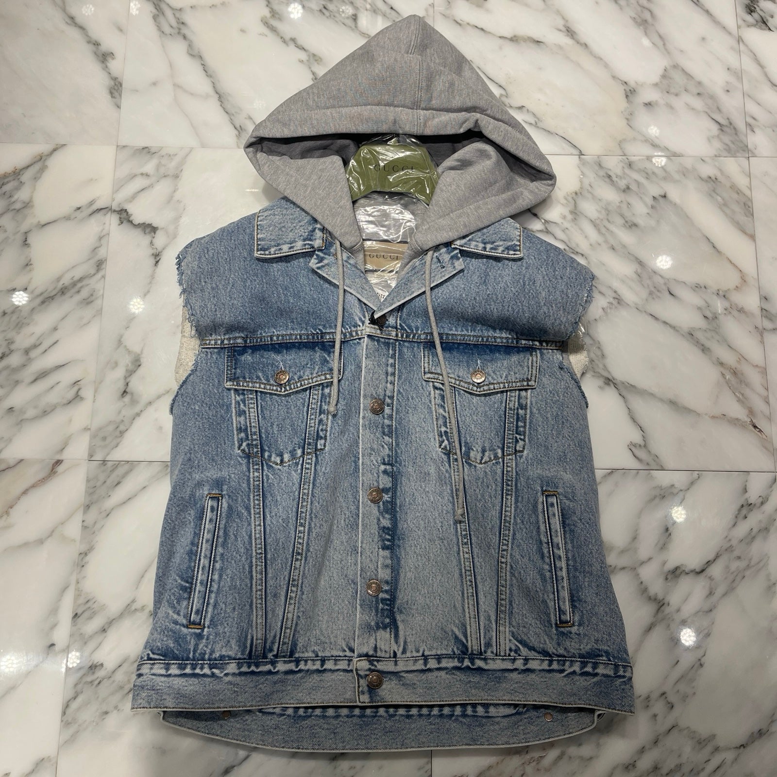 GUCCI 2022SS Denim Hooded Vest With Hollywood Babylon 697042 XDB0U Size 48