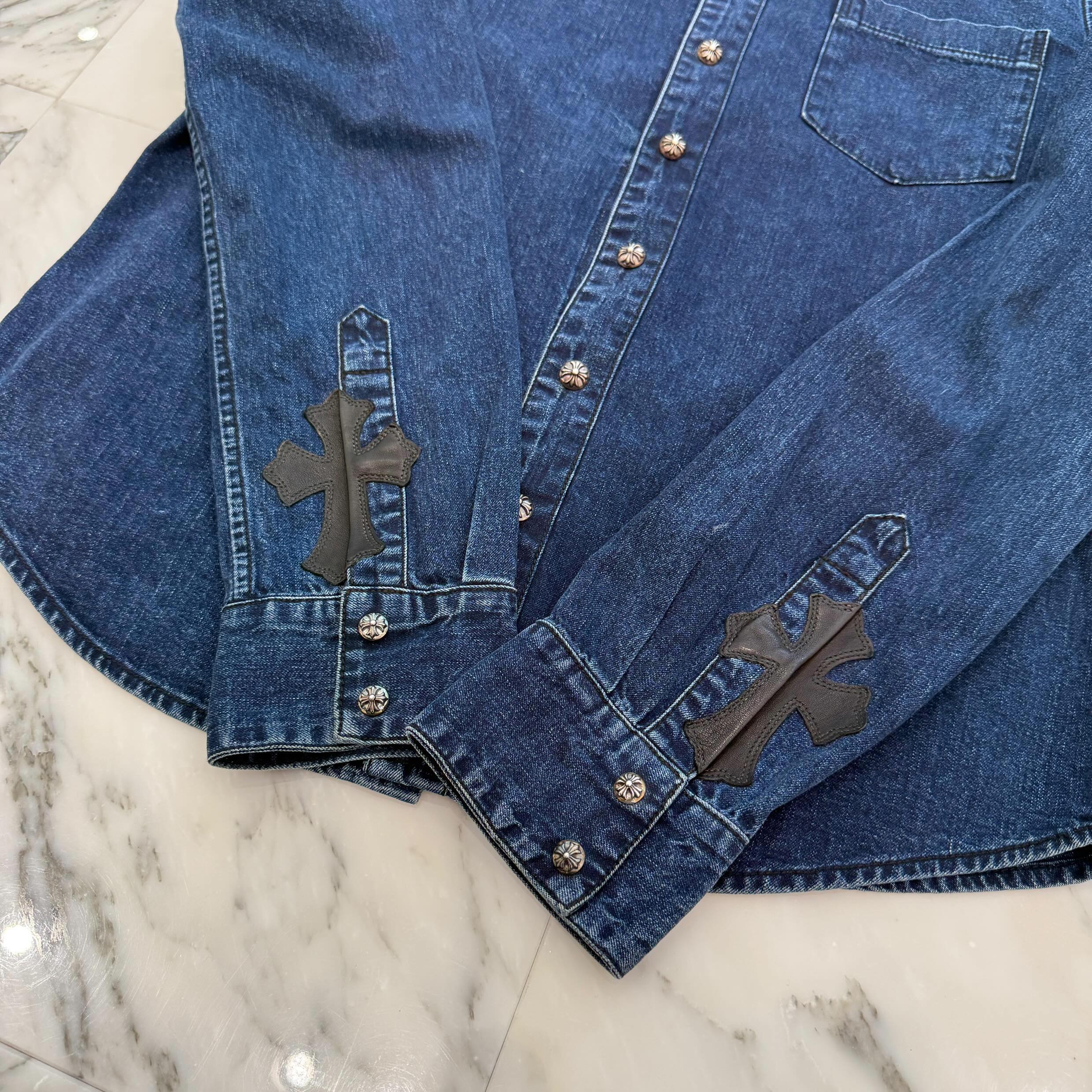 CHROME HEARTS Y NOT Leather Cross Patch Denim Shirt Size M クロムハーツ ワイノット レザークロスパッチ デニムシャツ サイズM
