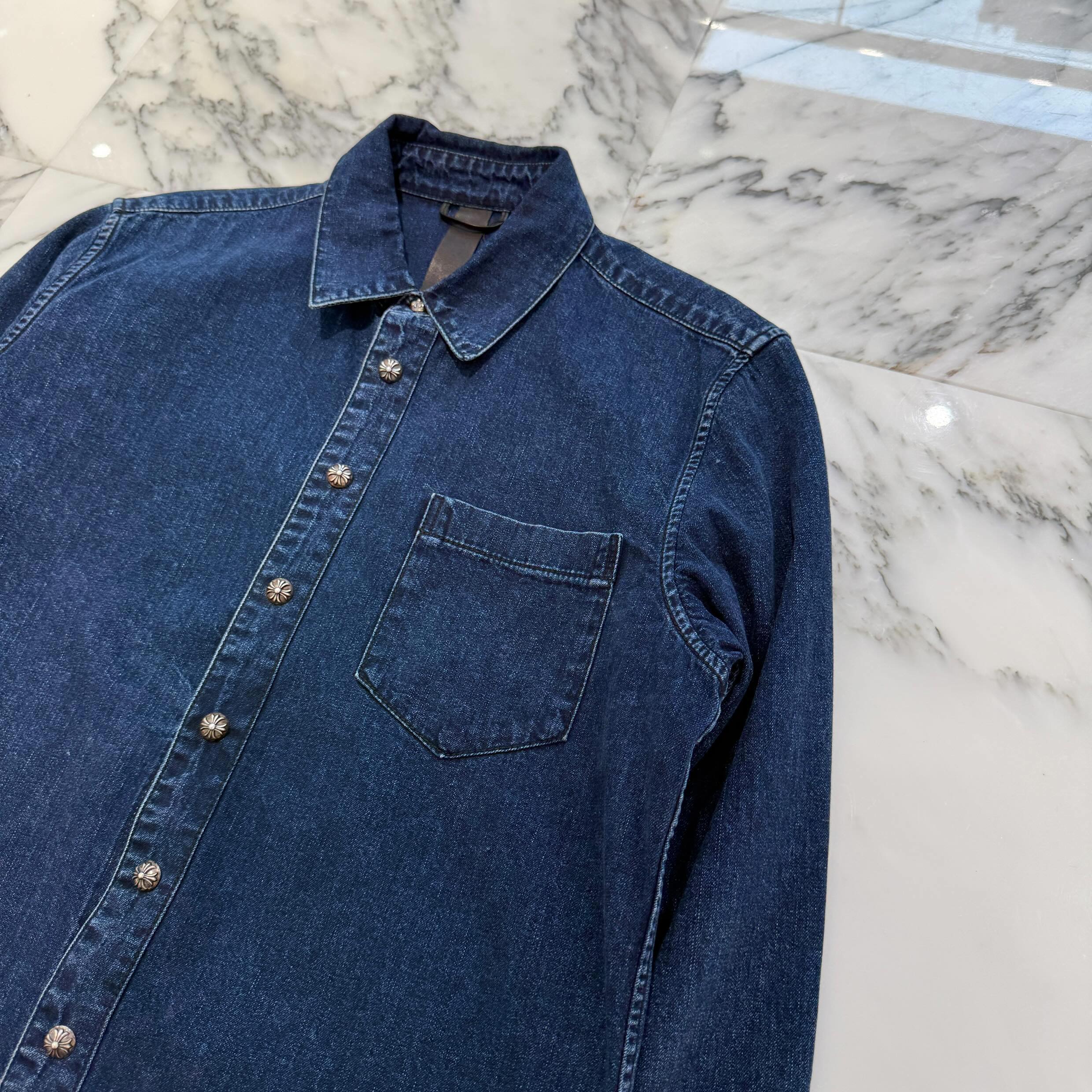CHROME HEARTS Y NOT Leather Cross Patch Denim Shirt Size M クロムハーツ ワイノット レザークロスパッチ デニムシャツ サイズM