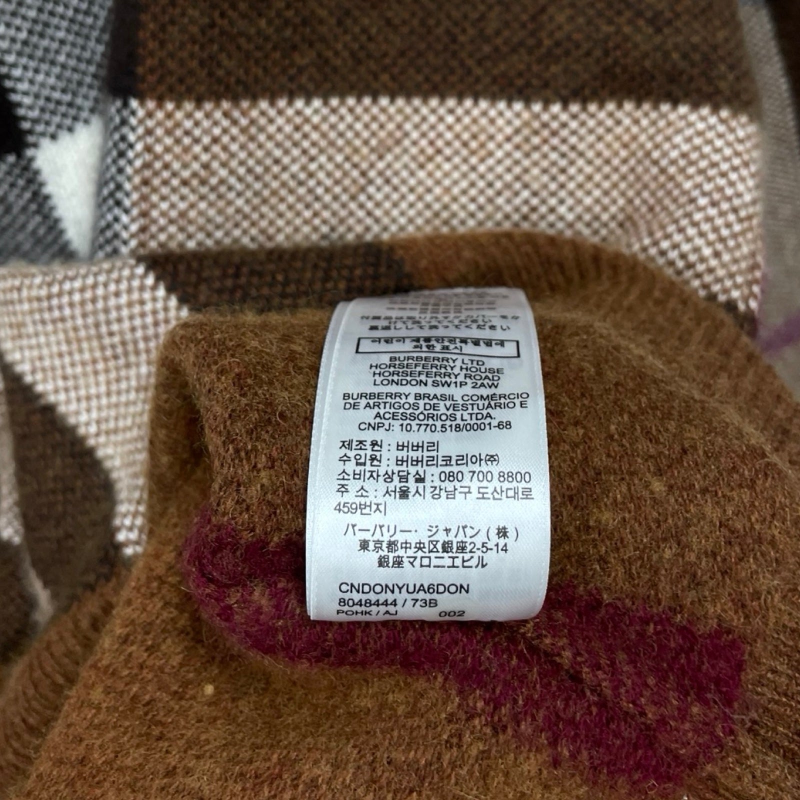 BURBERRY Checked Wool Cashmere Sweater 8048444 Size S