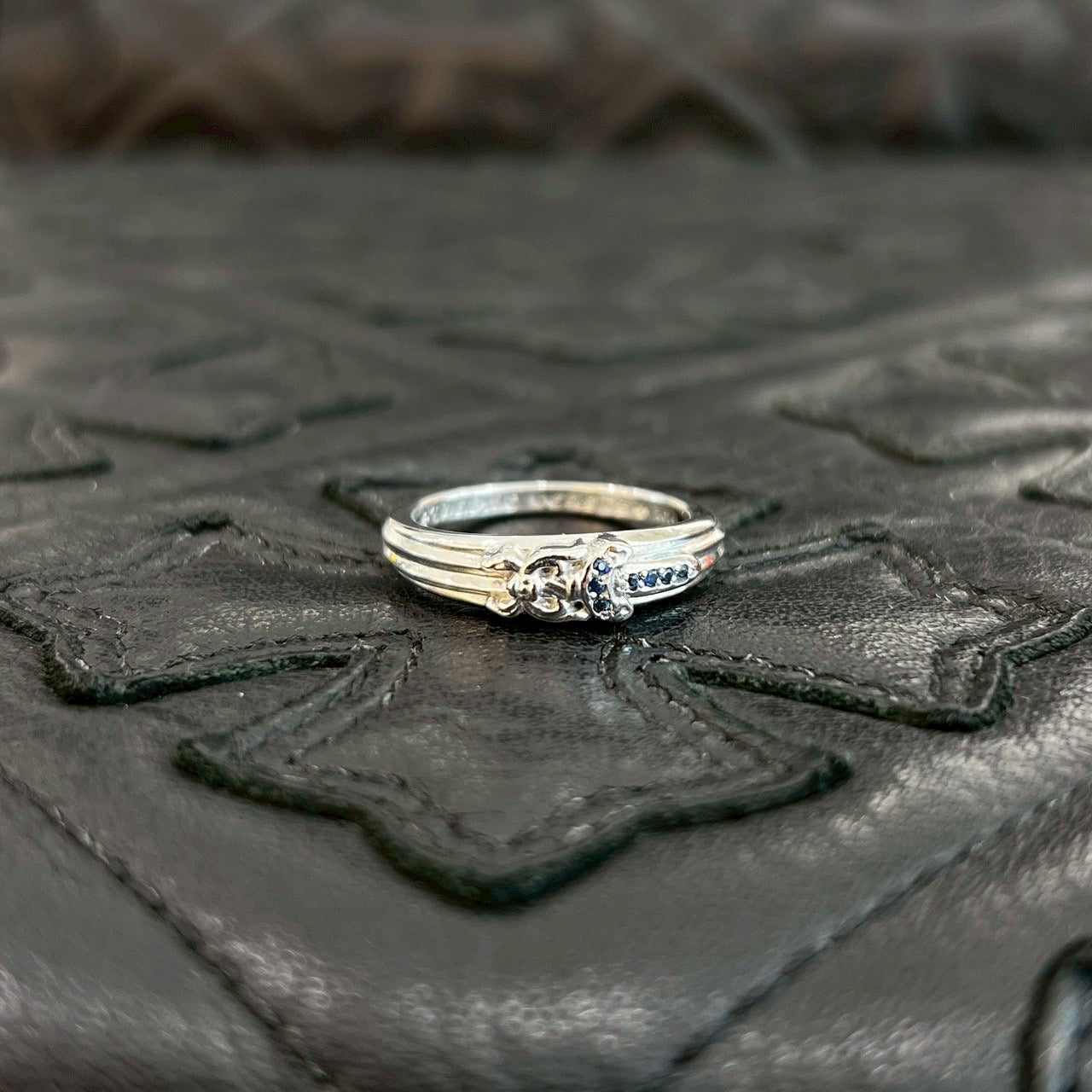 CHROME HEARTS 18KWG Baby Classic Dagger Ring Pave Blue Sapphire