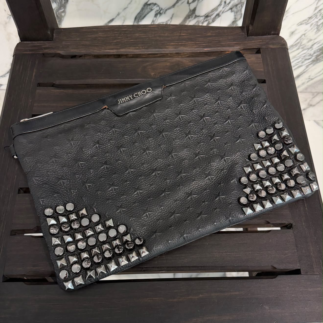JIMMY CHOO Derek Star Embossed Studded Leather Clutch Bag ジミーチュウ デレク スターエンボス スタッズ レザー クラッチバッグ