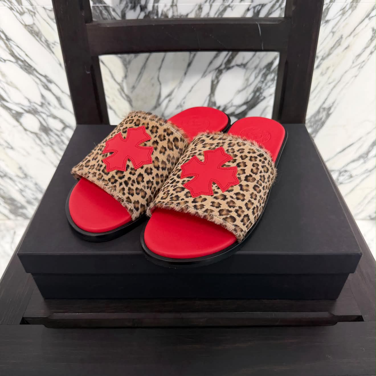 CHROME HEARTS Leather Cross Patch Harako Leather Flat Sandals Size 42 クロムハーツ レザークロスパッチ ハラコレザーフラットサンダル サイズ42
