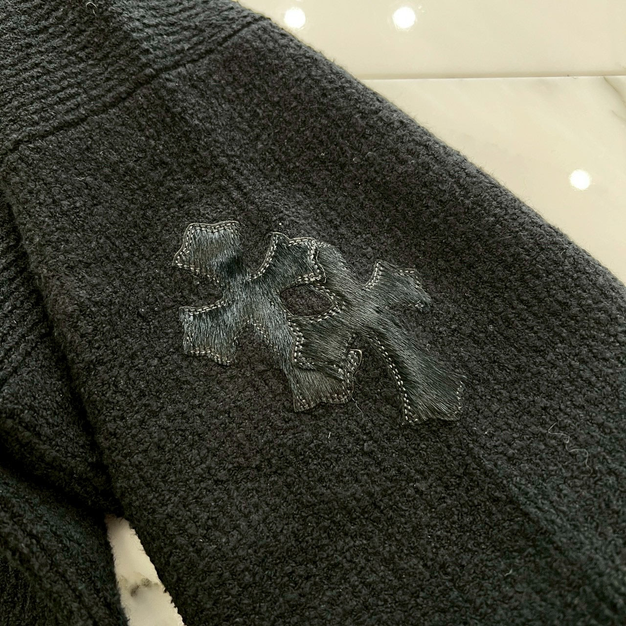 CHROME HEARTS Harako Leather Cross Patch Turtleneck Knit Sweater Size M/L クロムハーツ ハラコレザー クロスパッチ タートルネック ニットセーター サイズM/L