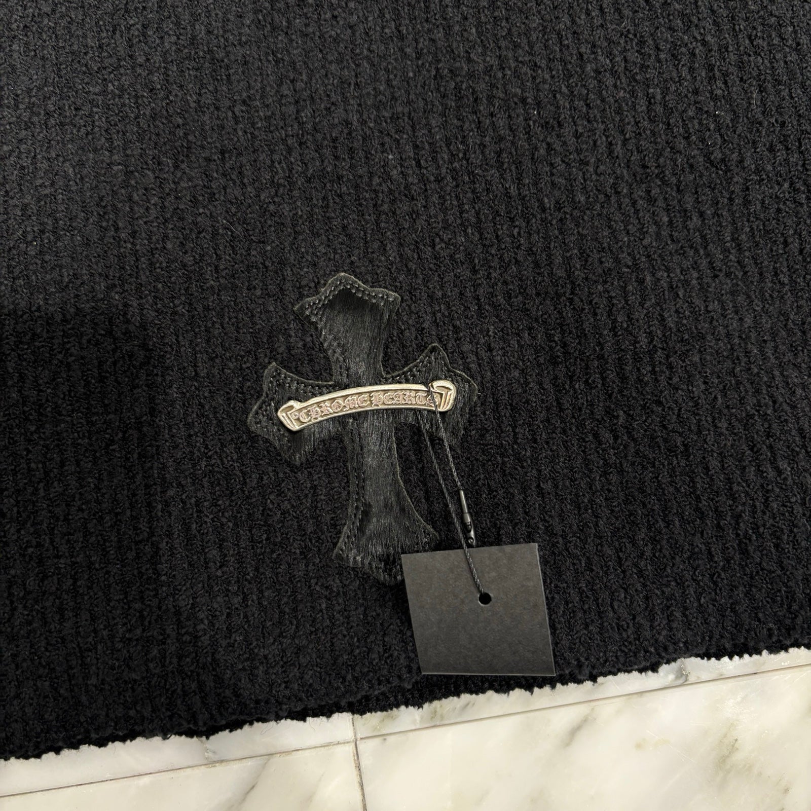 CHROME HEARTS Y NOT Harako Leather Cross Patch Cotton Knit Sweater Size XS/S クロムハーツ ワイノット ハラコレザー クロスパッチ コットン ニット セーター サイズXS/S