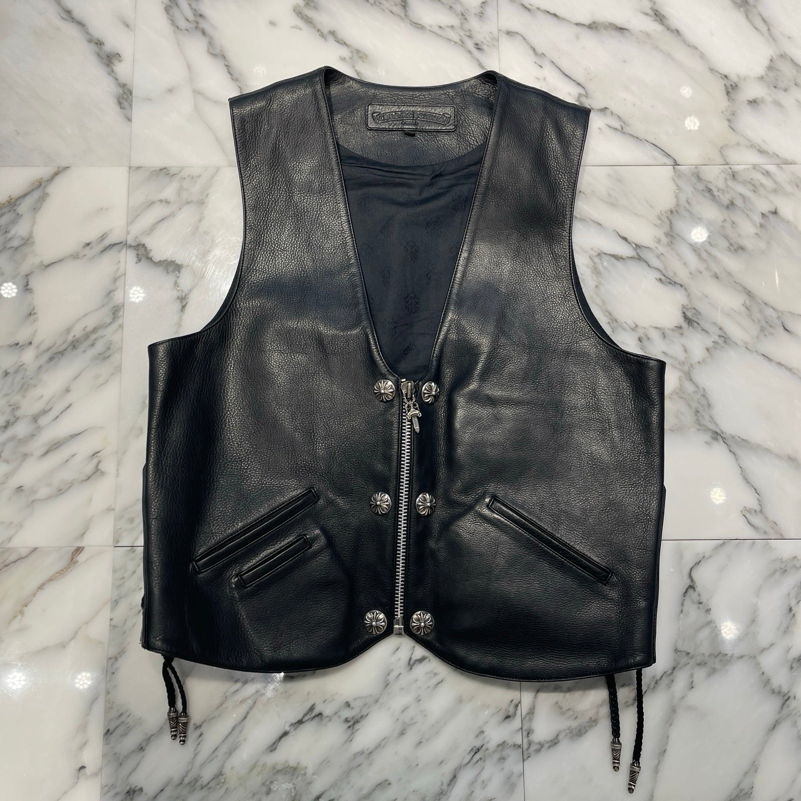 CHROME HEARTS 6 Cross Ball Dagger Zip Leather Vest Size XL クロムハーツ 6クロスボール ダガーレザーベスト サイズXL