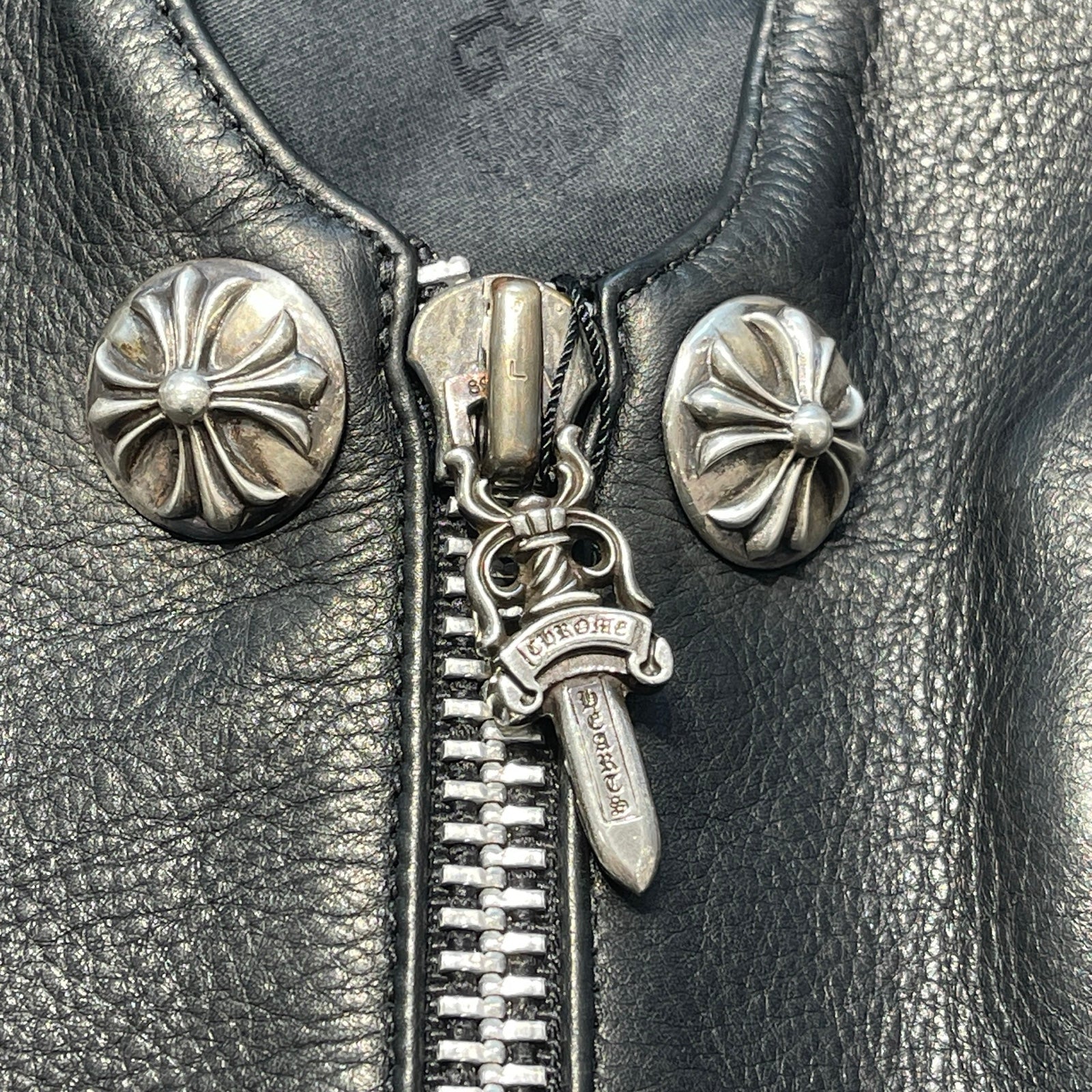 CHROME HEARTS 6 Cross Ball Dagger Zip Leather Vest Size XL クロムハーツ 6クロスボール ダガーレザーベスト サイズXL