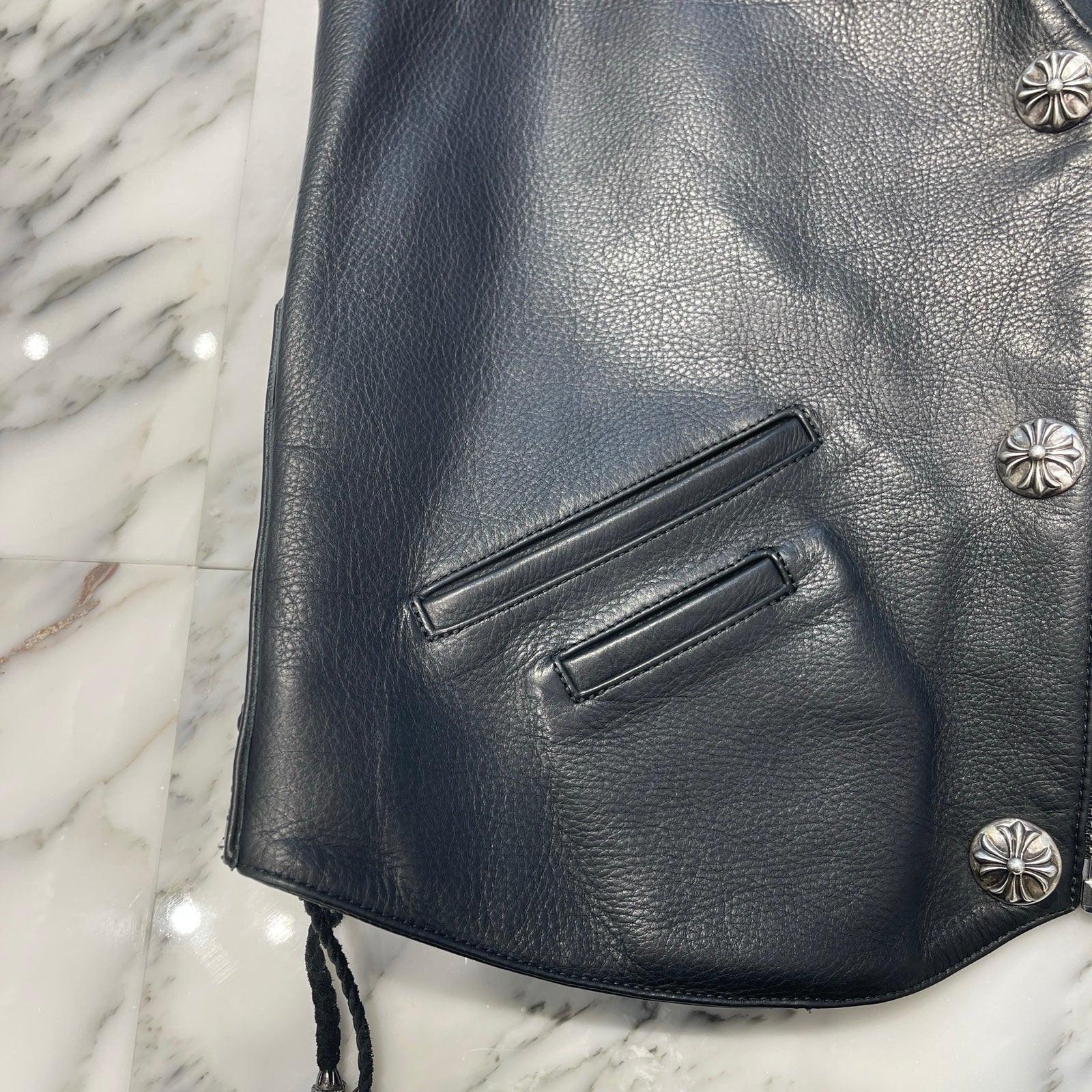 CHROME HEARTS 6 Cross Ball Dagger Zip Leather Vest Size XL クロムハーツ 6クロスボール ダガーレザーベスト サイズXL