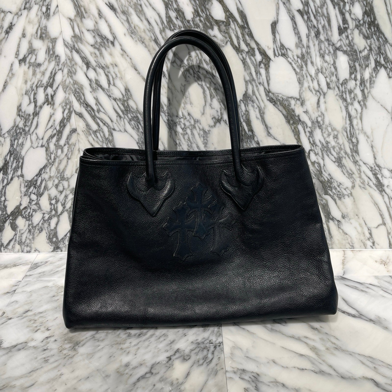 CHROME HEARTS 3 Cemetery Cross Patch Leather Tote Bag クロムハーツ