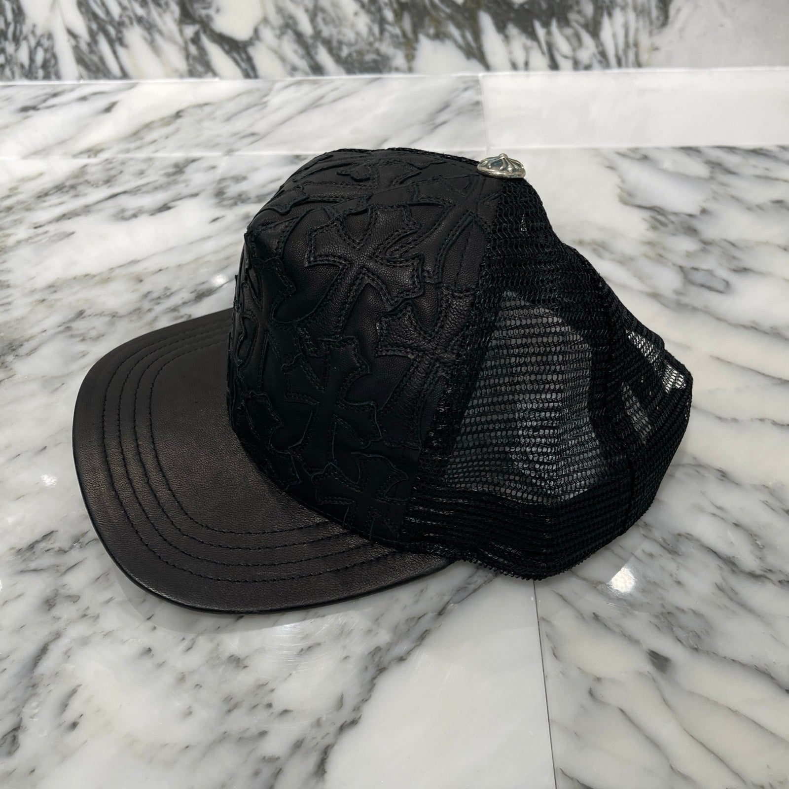 CHROME HEARTS Cemetary Cross Leather Patch Trucker Cap Size ONE