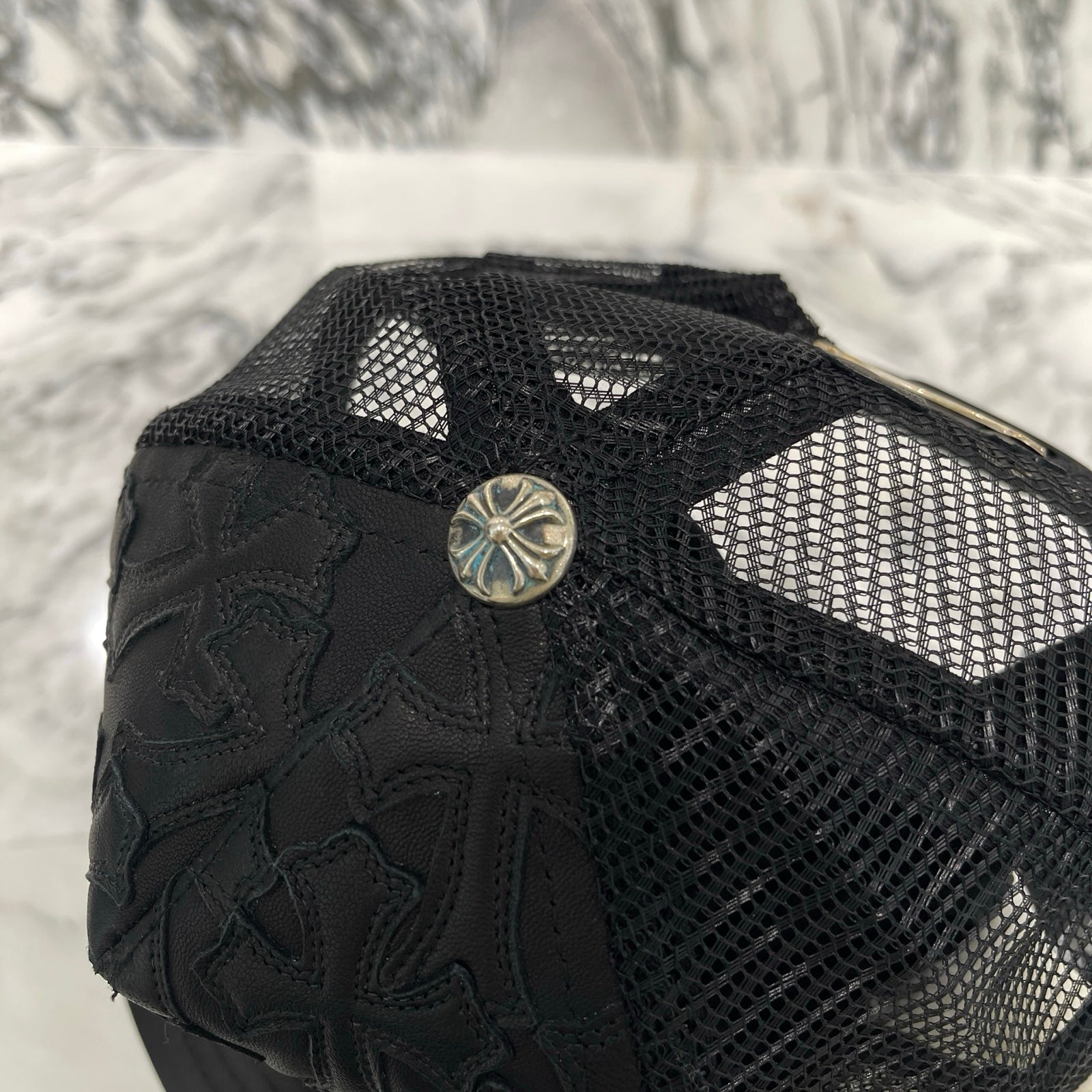 CHROME HEARTS Cemetary Cross Leather Patch Trucker Cap Size ONE