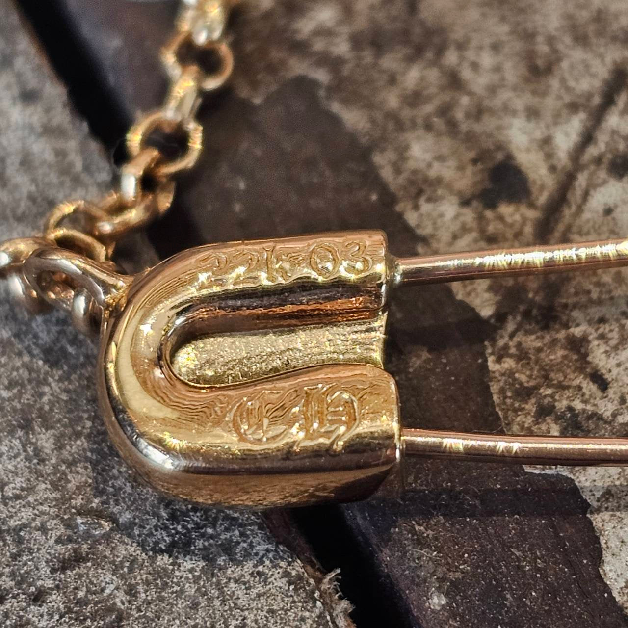 CHROME HEARTS 22K Safety Pin 1 Emerald Roll Chain Necklace Size 16 Inch クロムハーツ 22K セーフティピン 1エメラルド ロールチェーン ネックレス 16インチ