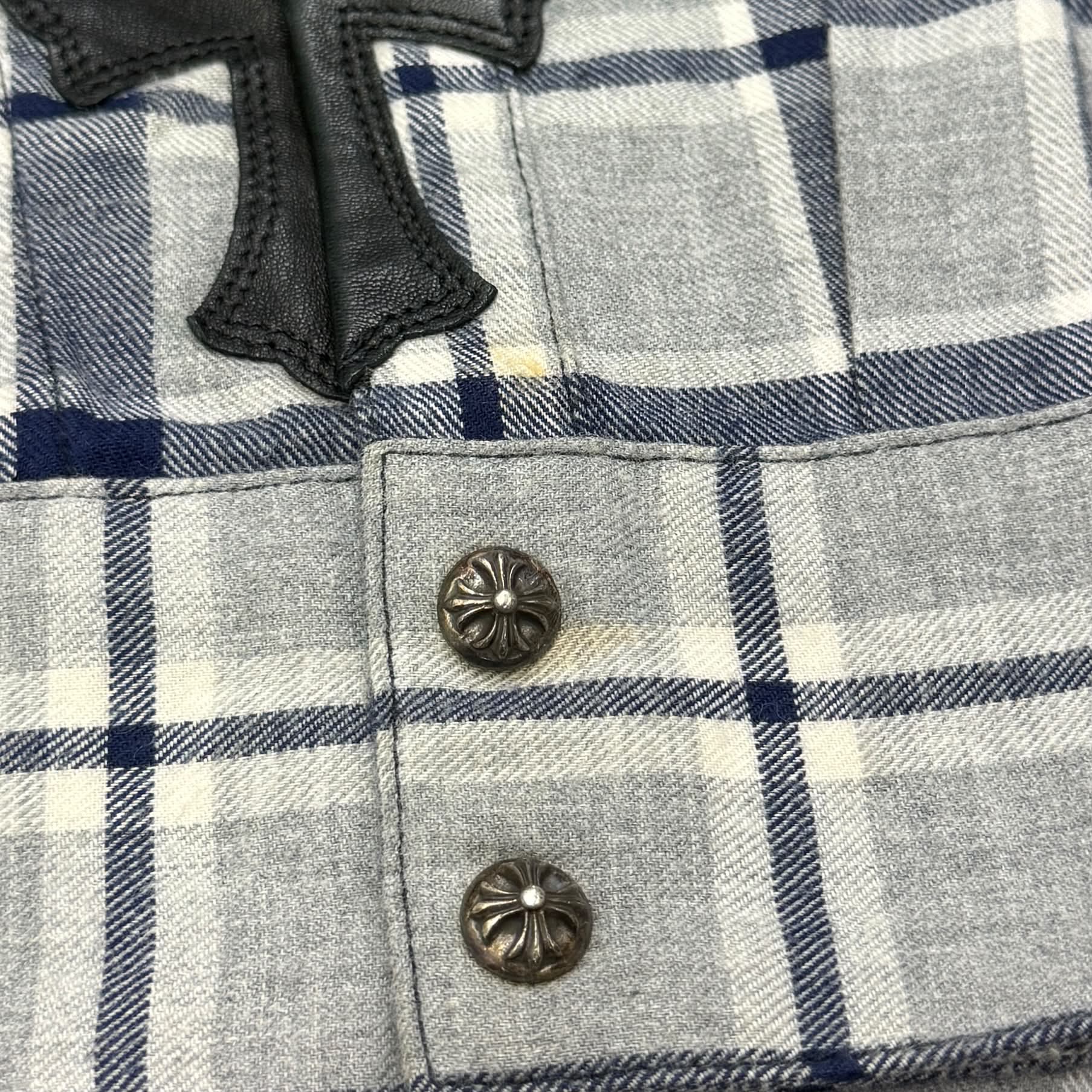 CHROME HEARTS Y NOT Leather Cross Patch Flannel Check Shirt Size L クロムハーツ ワイノット レザークロスパッチ フランネルチェックシャツ サイズL