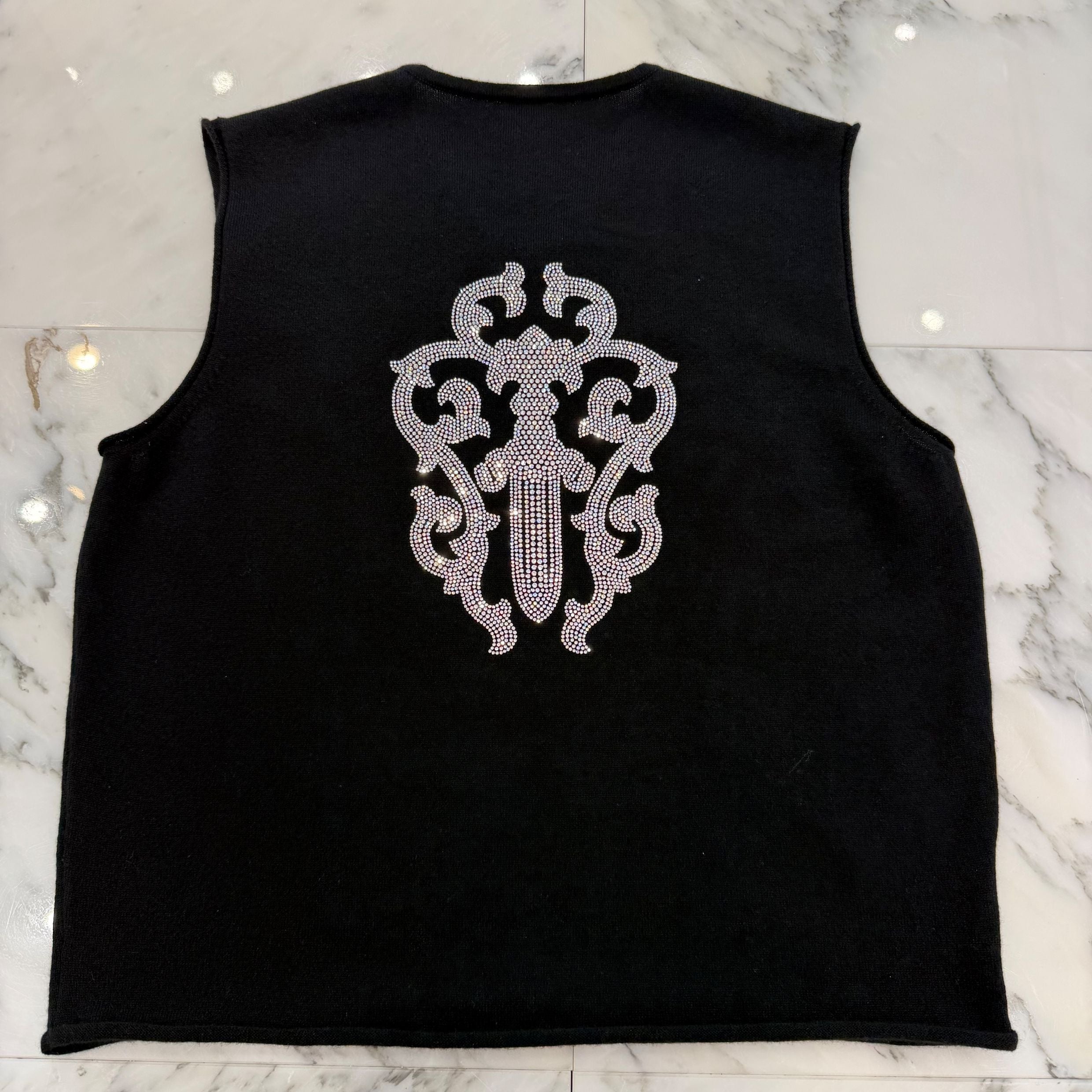 CHROME HEARTS Y NOT Rhinestone Vine Dagger Cashmere Sleeveless Tee Size XL クロムハーツ ワイノット ラインストーン ヴァインダガー カシミヤ ノースリーブ Tシャツ サイズXL