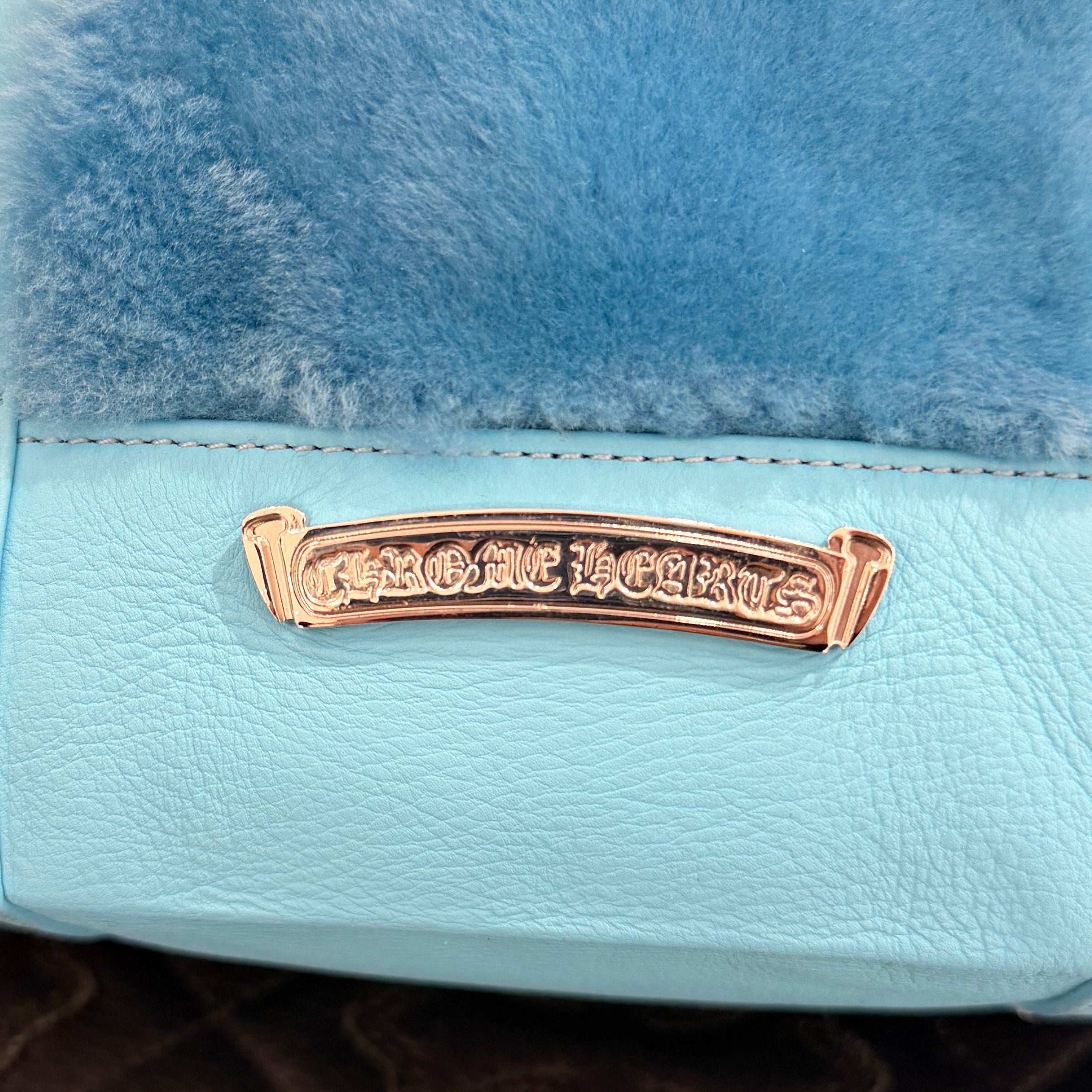 CHROME HEARTS Blue 3 Cemetery Cross Patch Fur Leather Tote Mini Bag クロムハーツ ブルー3セメタリークロスパッチ ファーレザートートミニバッグ