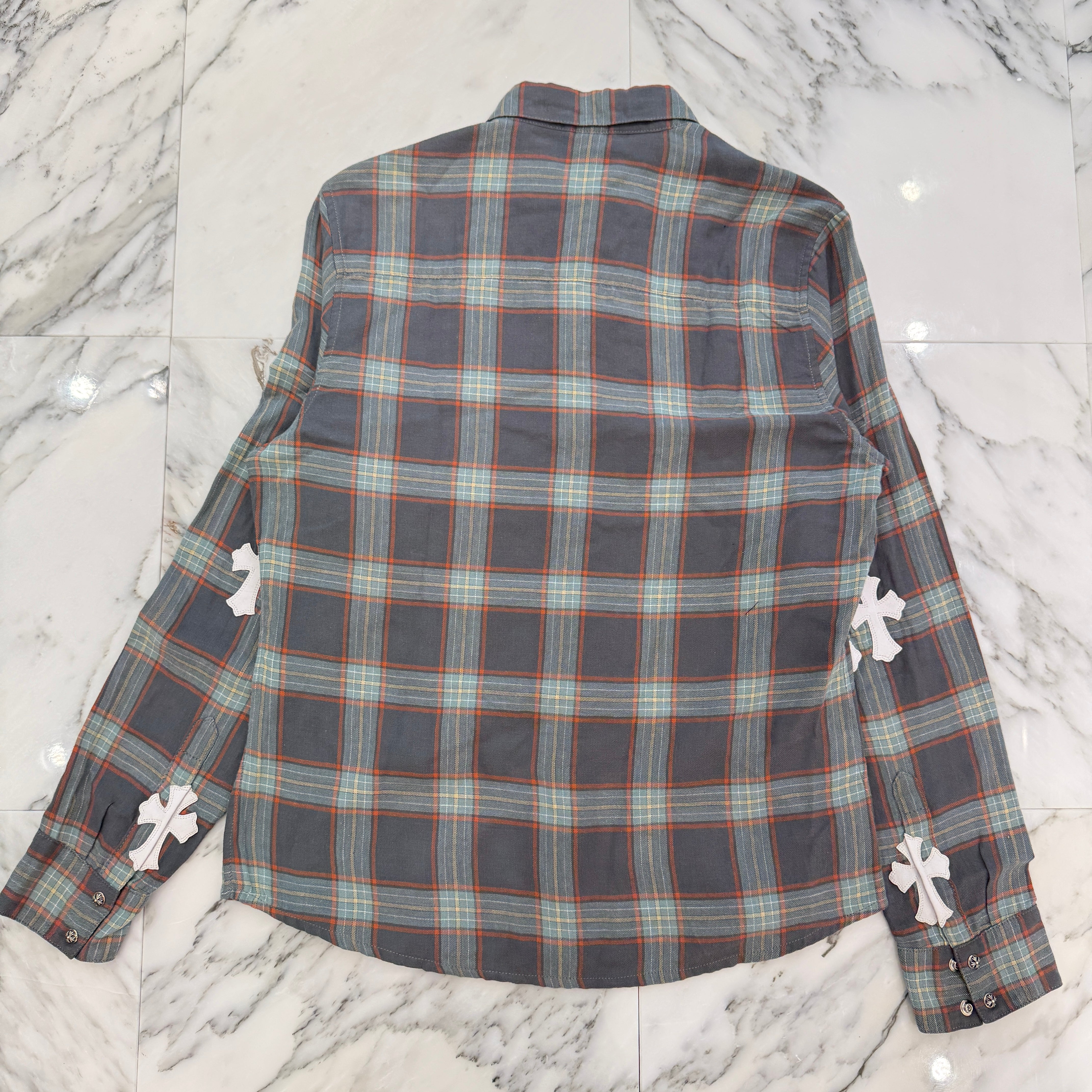 CHROME HEARTS Y NOT Cemetery Cross Leather Patch Check Shirt Size L クロムハーツ ワイノット セメタリークロスパッチ チェックシャツ サイズL